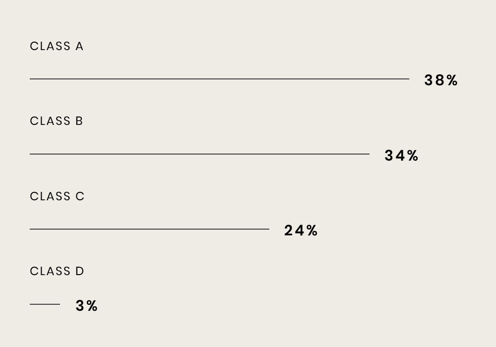 Horizontal bar chart showing: Class A 38%, Class B 34%, Class C 24%, Class D 3%.