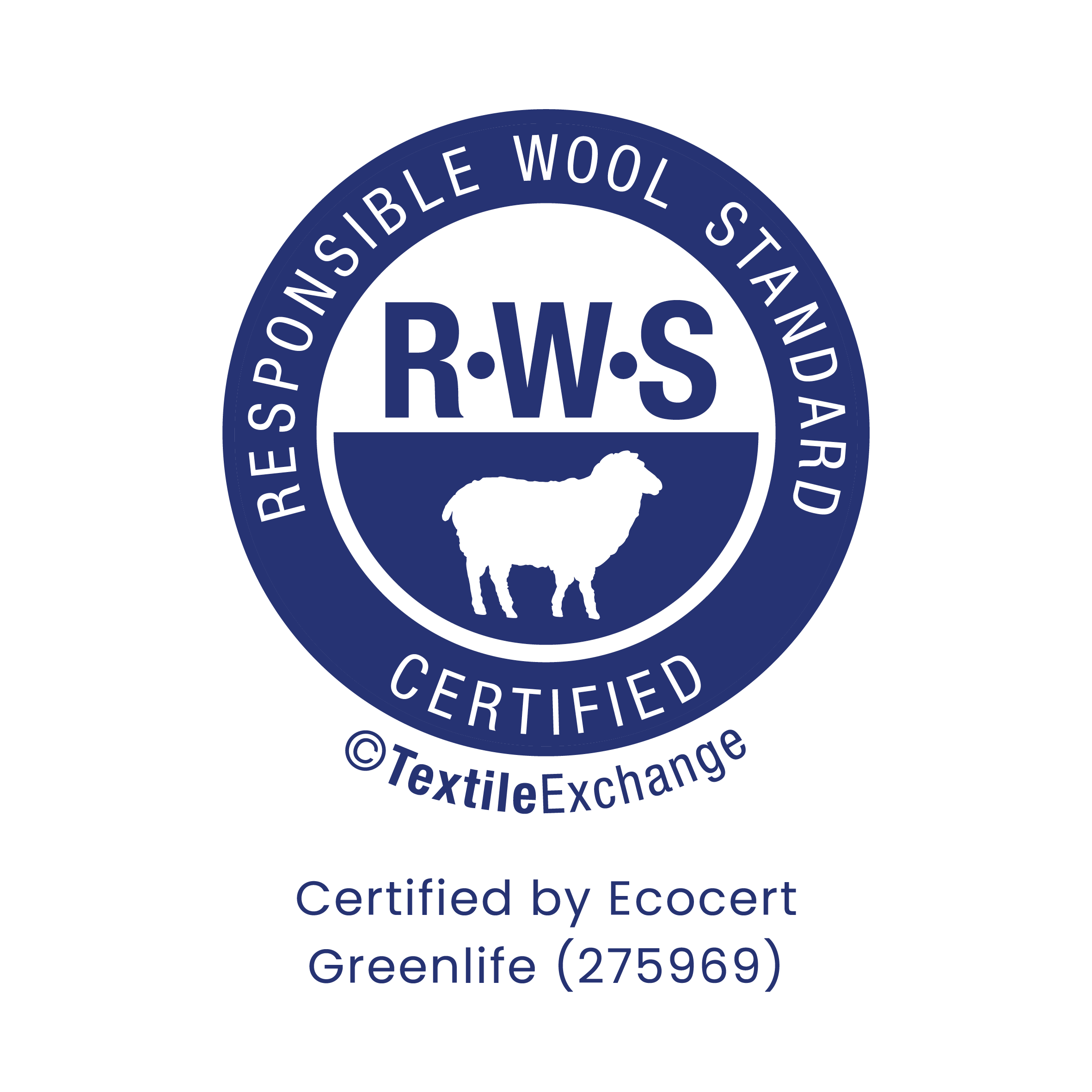 Responsible Wool Standard certified logo with a sheep silhouette and text by Textile Exchange.