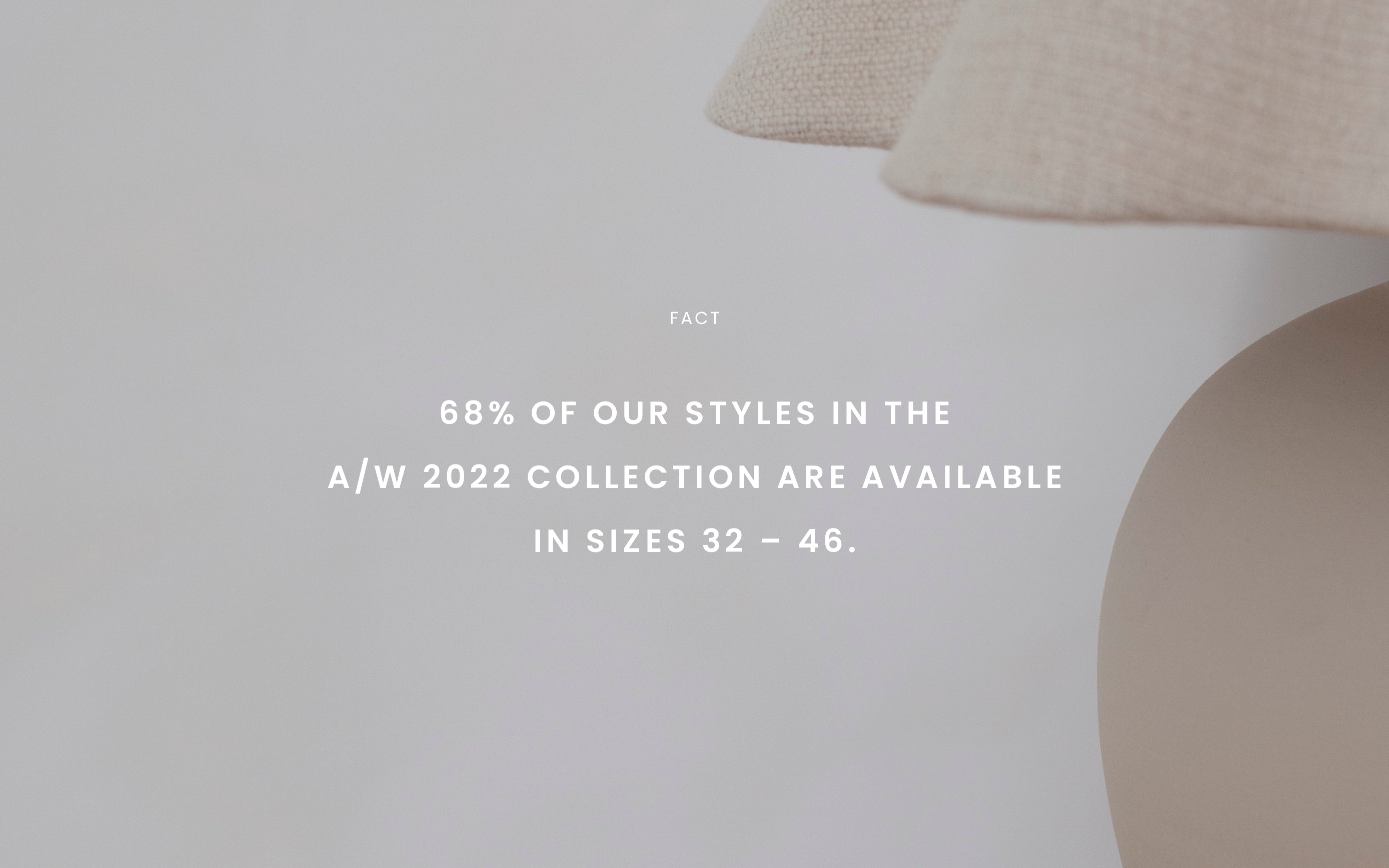 Text on soft background: 68% of A/W 2022 styles are available in sizes 32–46.
