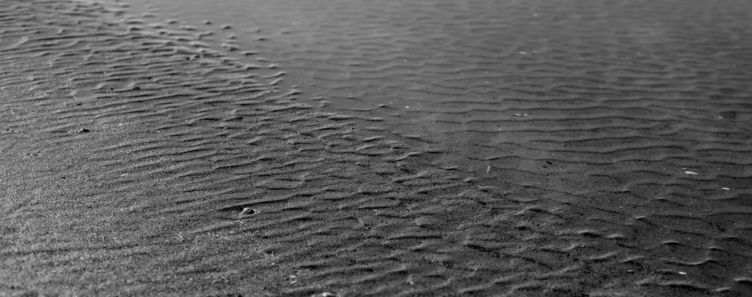 Close-up of rippled patterns in wet sand on a beach, shown in black and white.