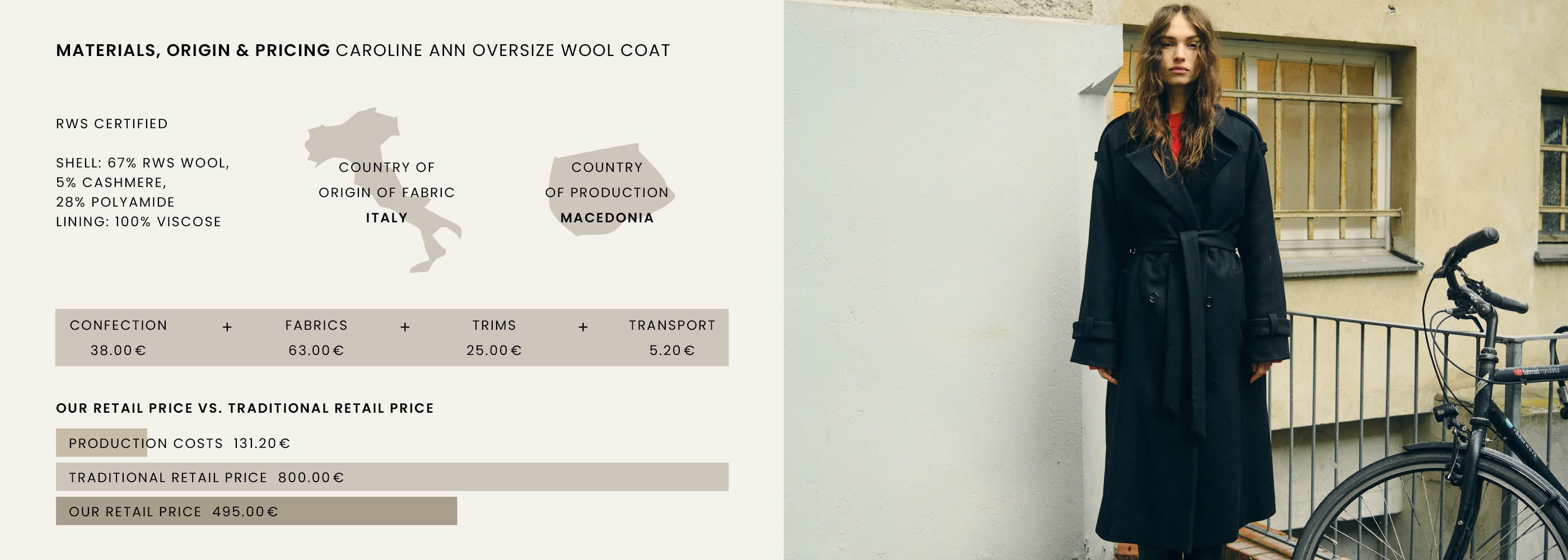 A woman in a long black wool coat stands by a yellow wall and a bicycle; pricing info is shown on the left.