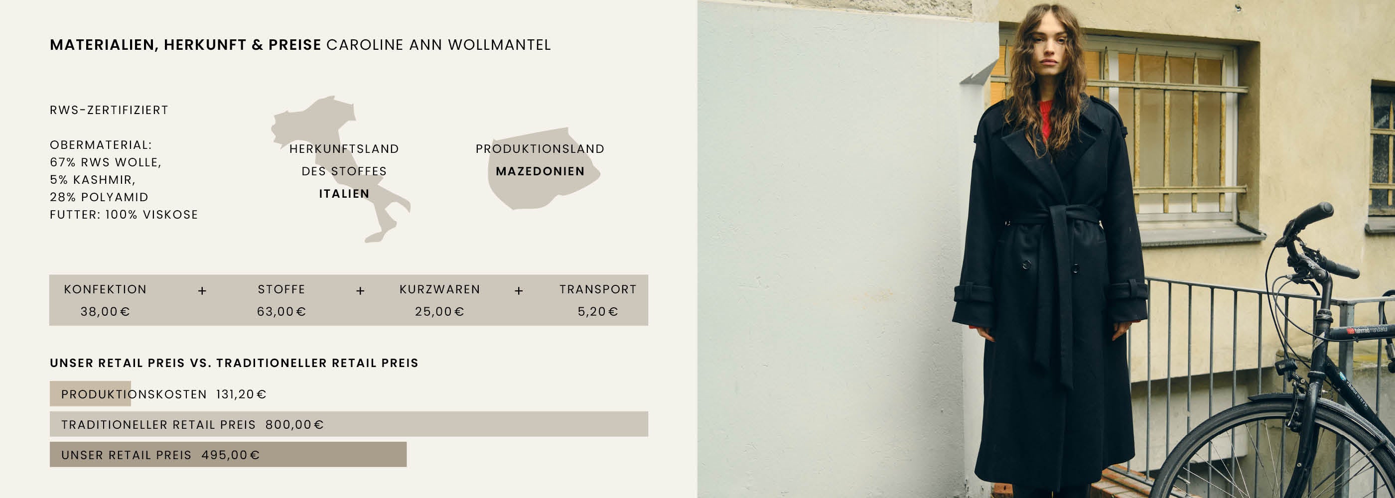 Woman in a long black coat stands outside next to a bicycle and a building with a barred window.