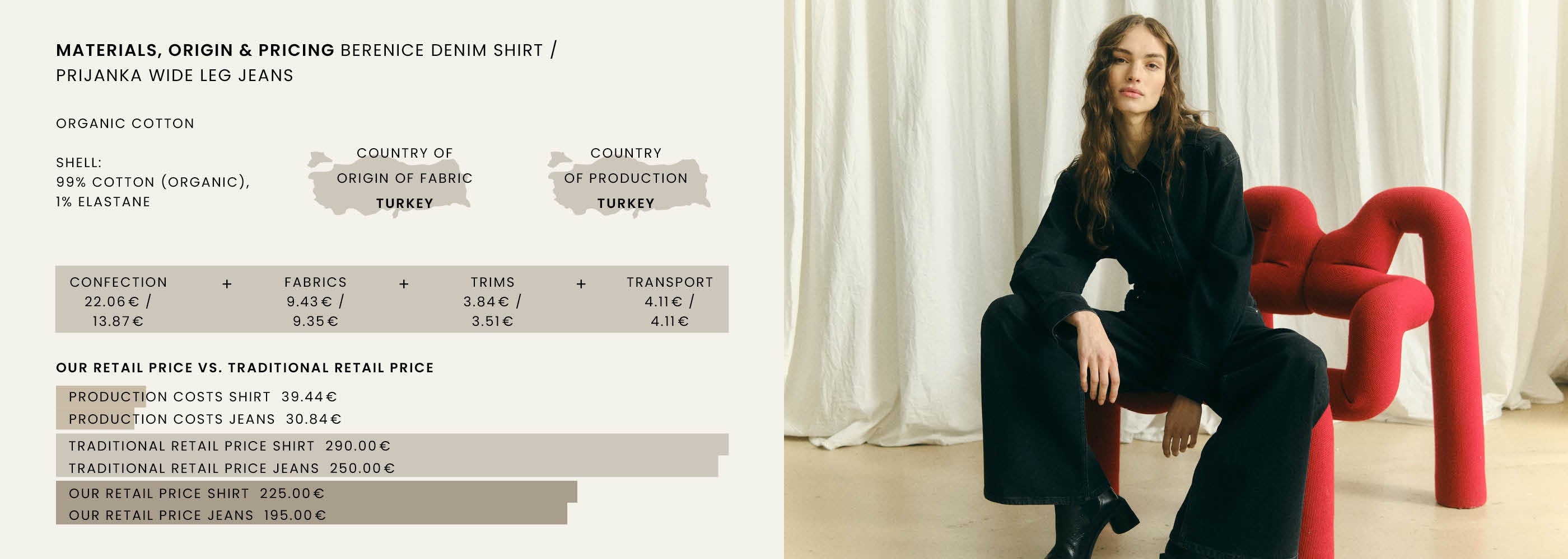 Woman in black denim outfit sits on a red sculptural chair; price and material info displayed on the left.