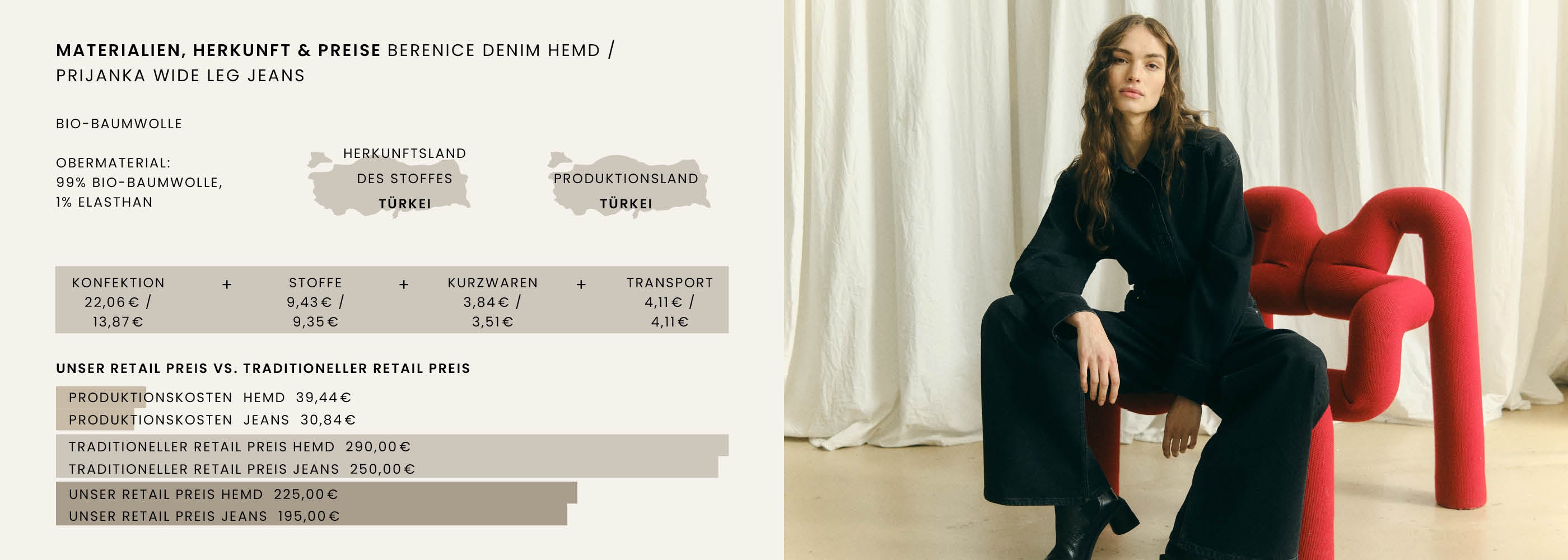 A woman in black denim sits on a red sculptural chair; price and material details shown on the left.