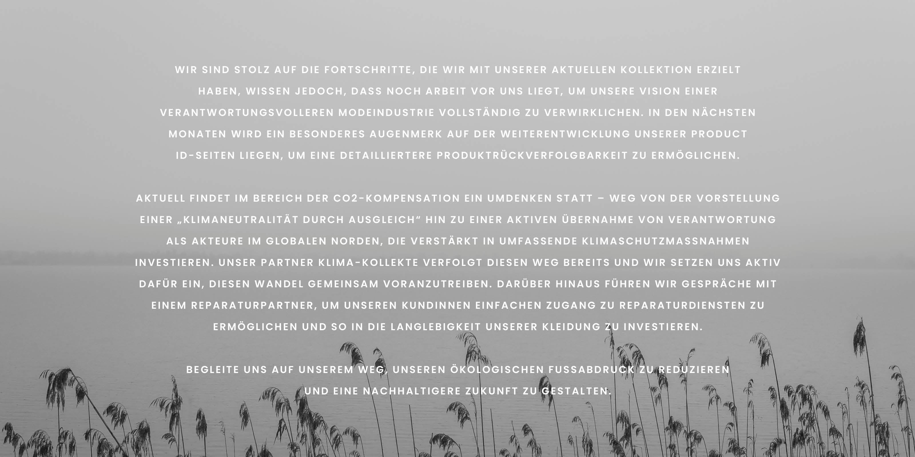 German text about sustainability and product responsibility over a foggy landscape with water and tall grass in the foreground.