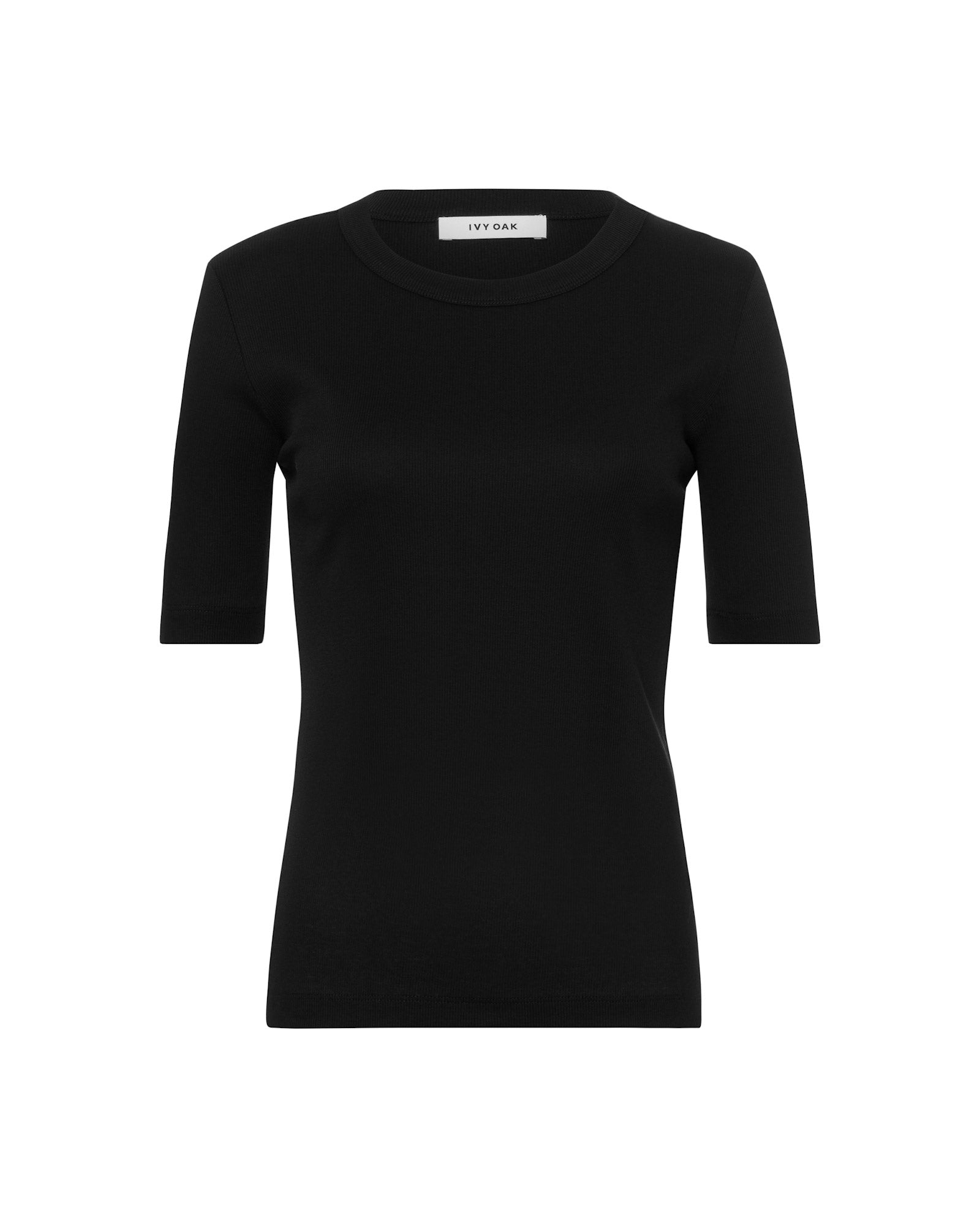 The IVY OAK KRISTIN T-Shirt is a black fitted short-sleeve tee with a classic round neck, made from soft organic cotton and shown on a plain white background.