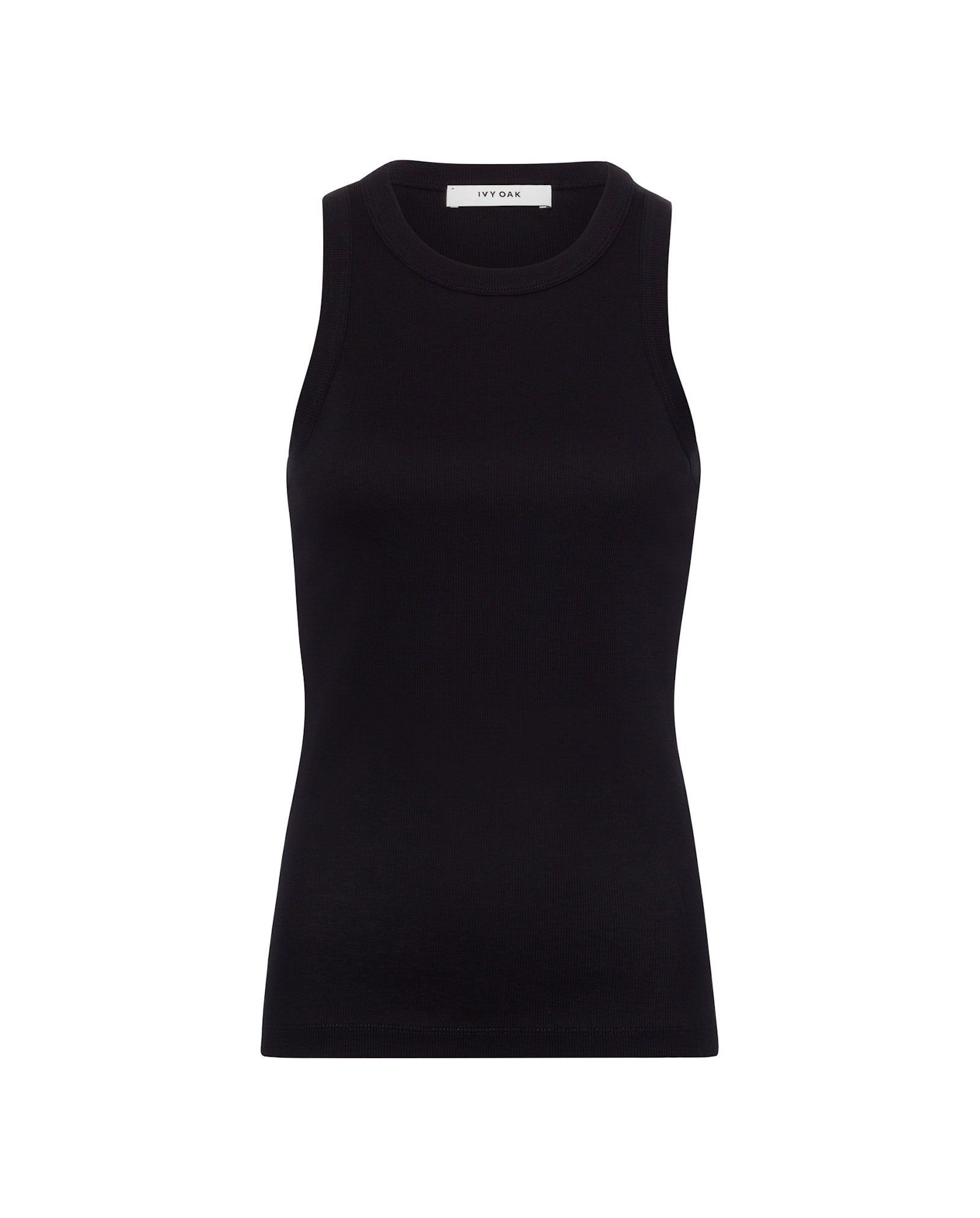 The IVY OAK KLARA ANN tanktop is sleeveless, black, features a round neck with rib structure, made from organic cotton, and shown on a plain white background.