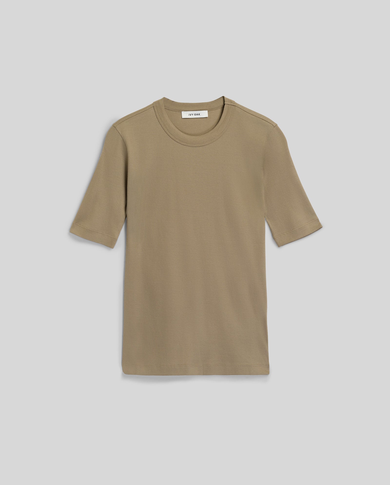 Light brown KRISTIN Top by IVY OAK, crafted from organic cotton with short sleeves and a round neckline, displayed flat on a light gray background; designed for all-day comfort.