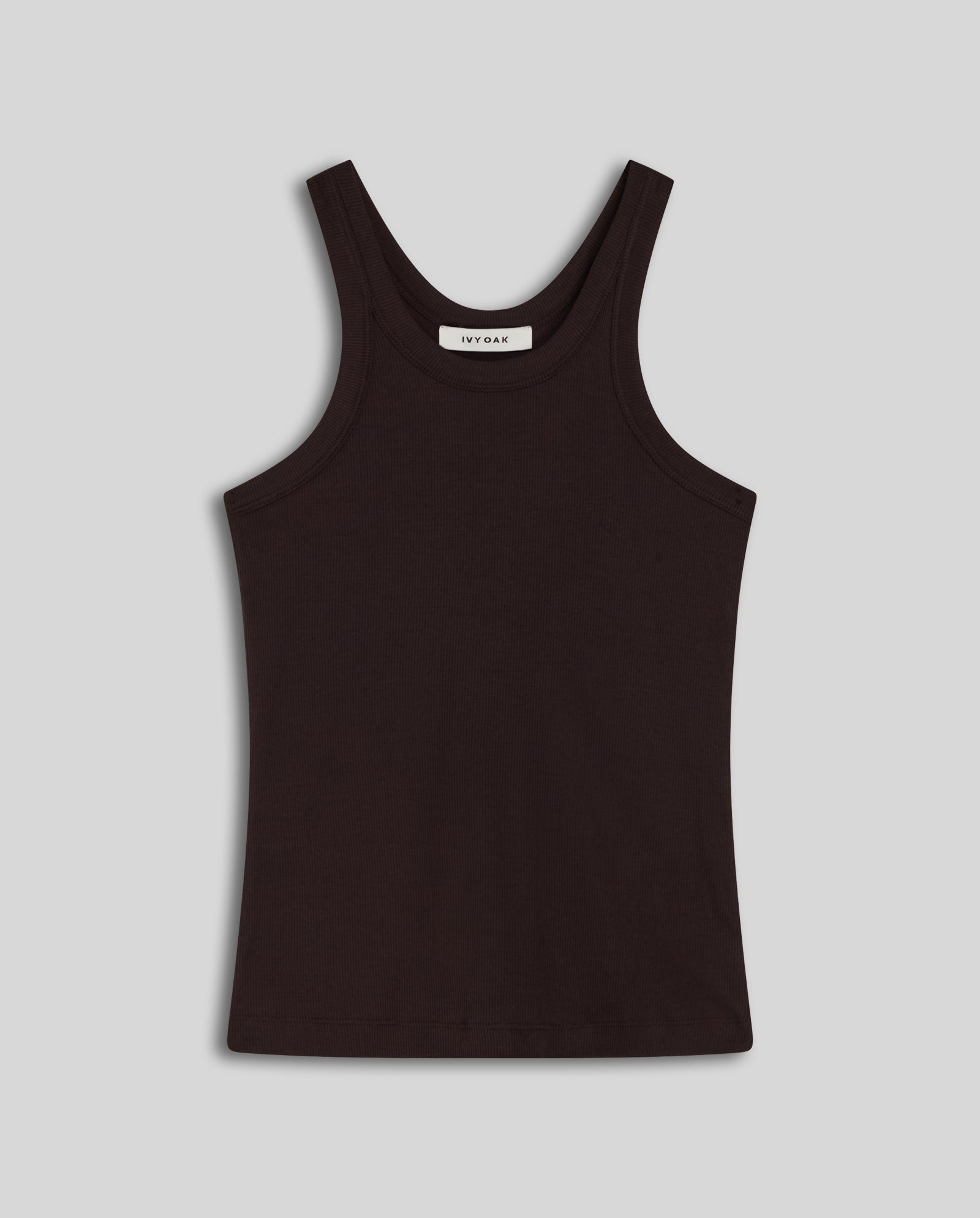 The FINLEY Top by IVY OAK is a black sleeveless tank with a round neckline, made from ribbed knit fabric and displayed flat on a light gray background.