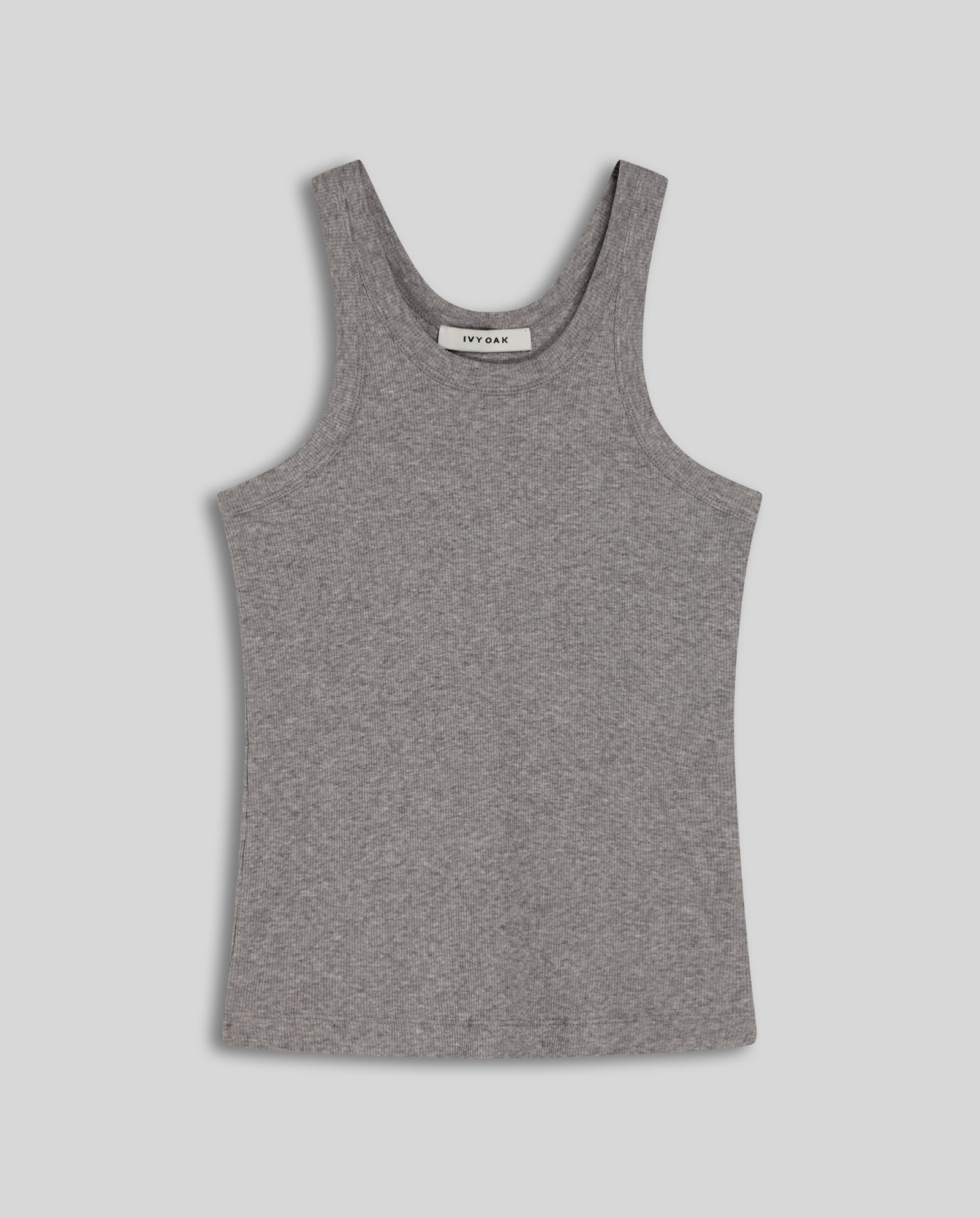 The FINLEY Top by IVY OAK is a gray ribbed womens tank with a round neckline and fine knit texture, shown laid flat on a light background for versatile everyday wear.
