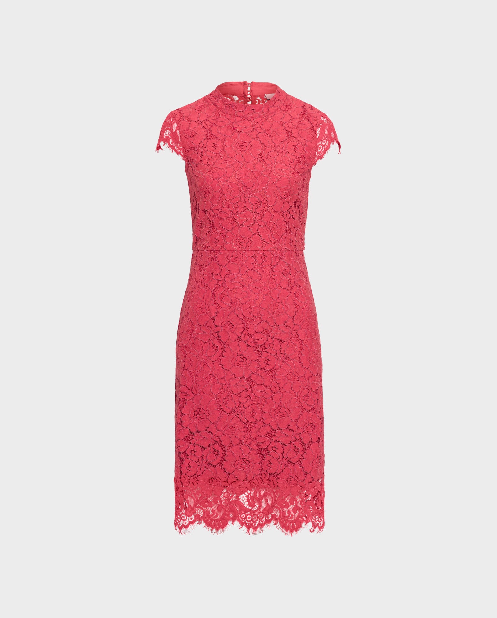 The IVY OAK MARA Dress is a sleeveless red lace dress featuring a high neckline and scalloped hem, shown against a plain background.