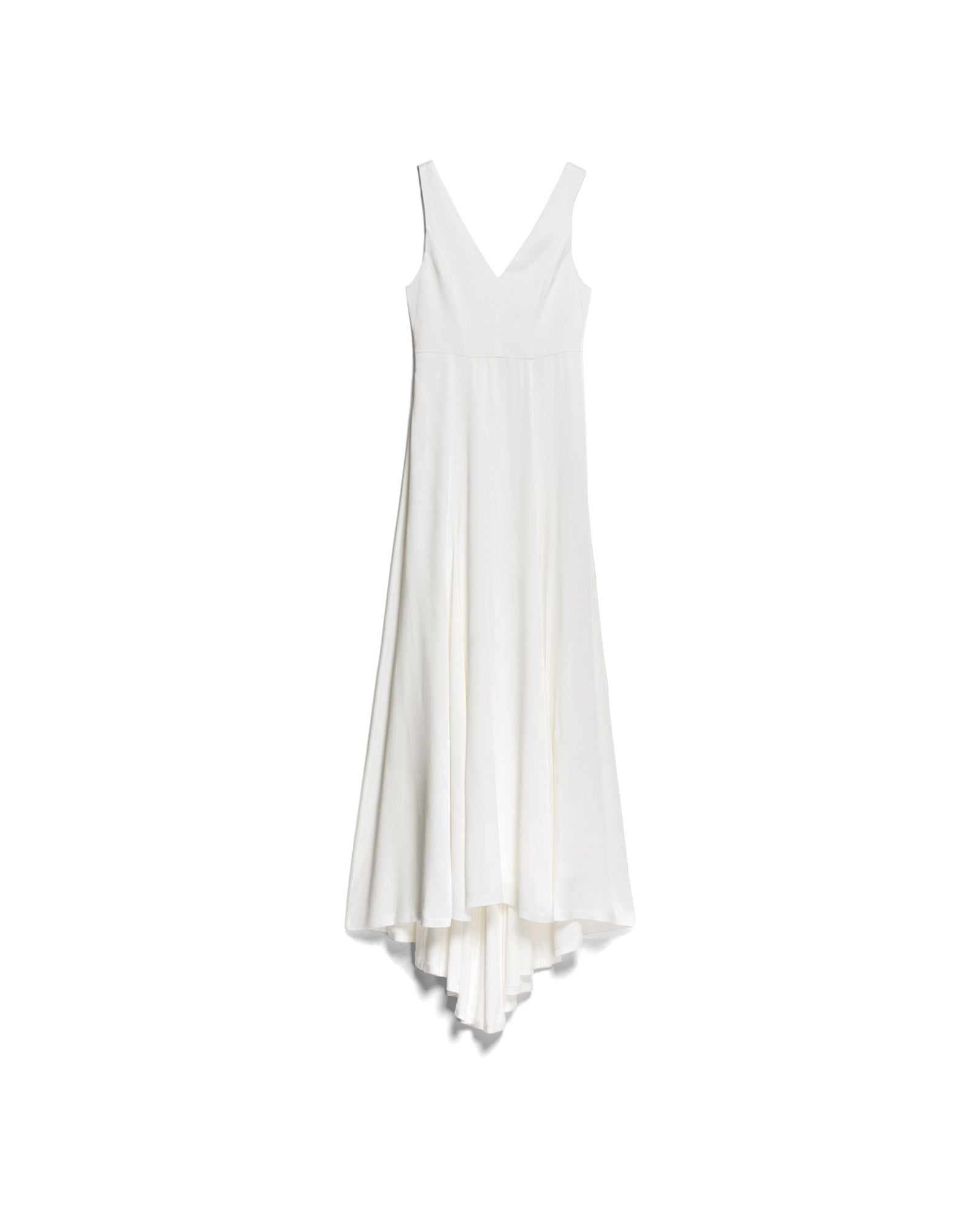 The STEVIA Bridaldress by IVY OAK is a sleeveless white V-neck midi dress in soft viscose with a flowing, asymmetrical hem, shown on a white background.