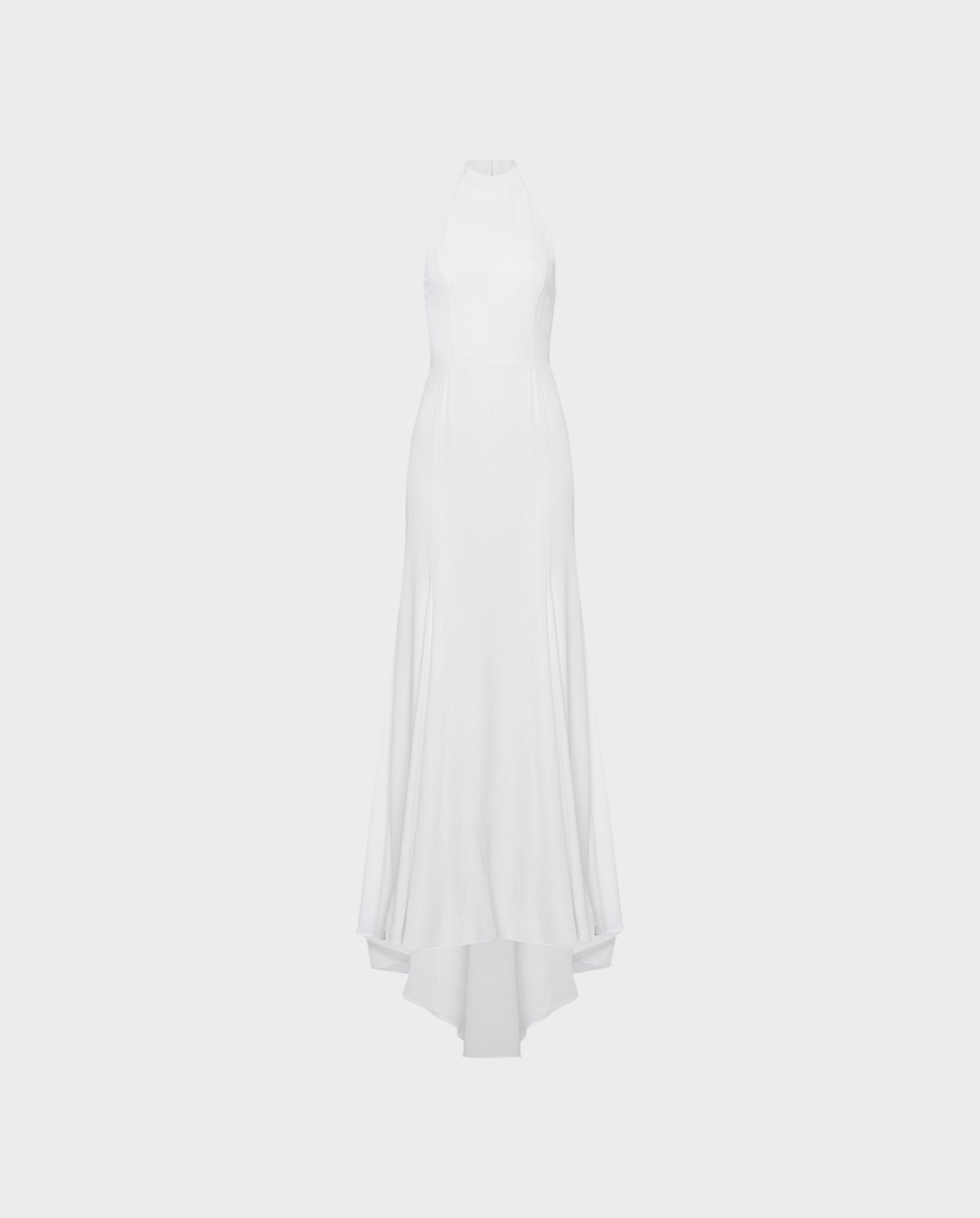 The MEREDITH Bridaldress by IVY OAK is a white sleeveless halter neck gown with a fitted bodice and flowing high-low hemline with elegant godets, showcased on a plain background.