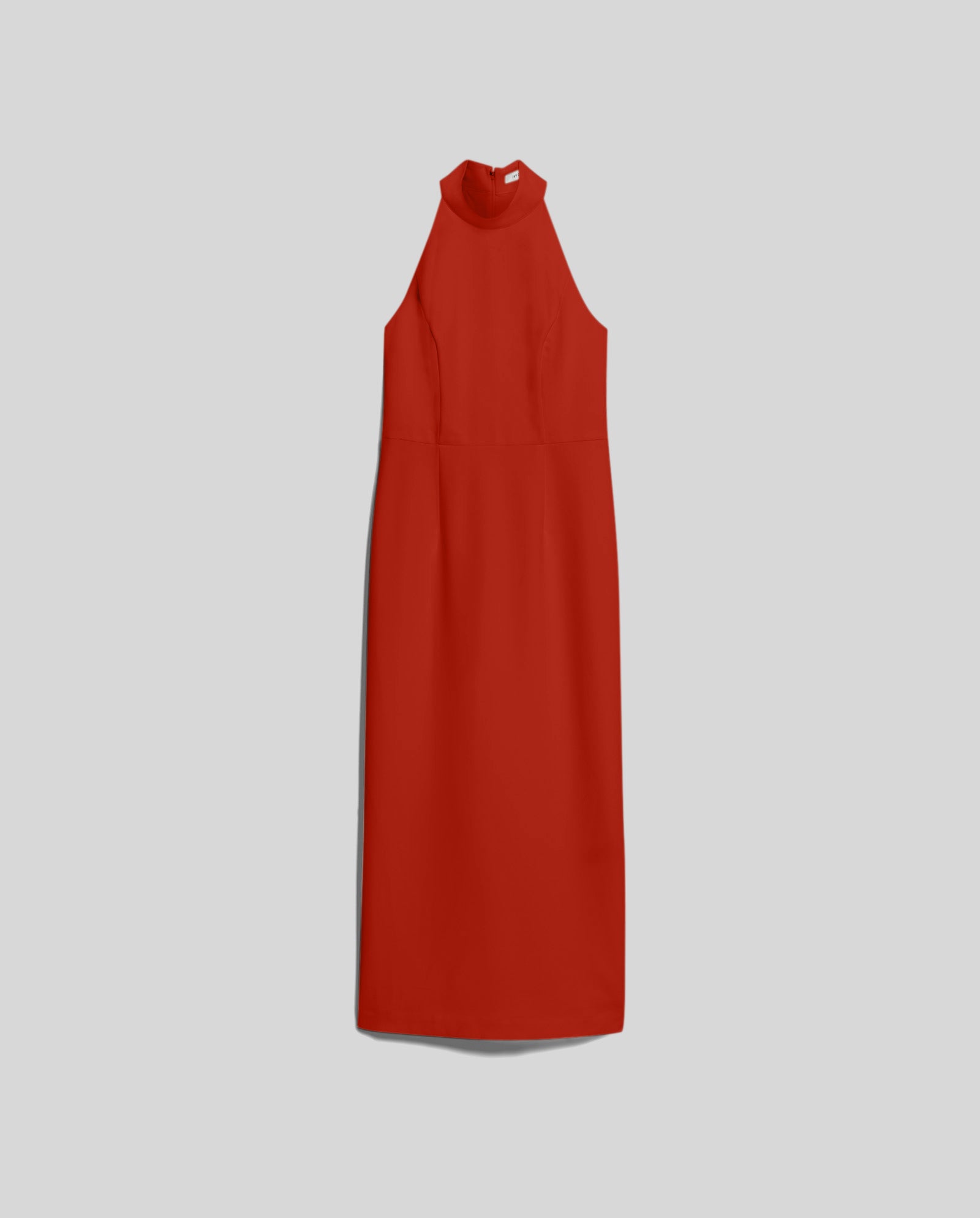 The IVY OAK NOLAN Dress is a sleeveless, high-neck, body-hugging red dress shown laid flat on a plain light gray background.