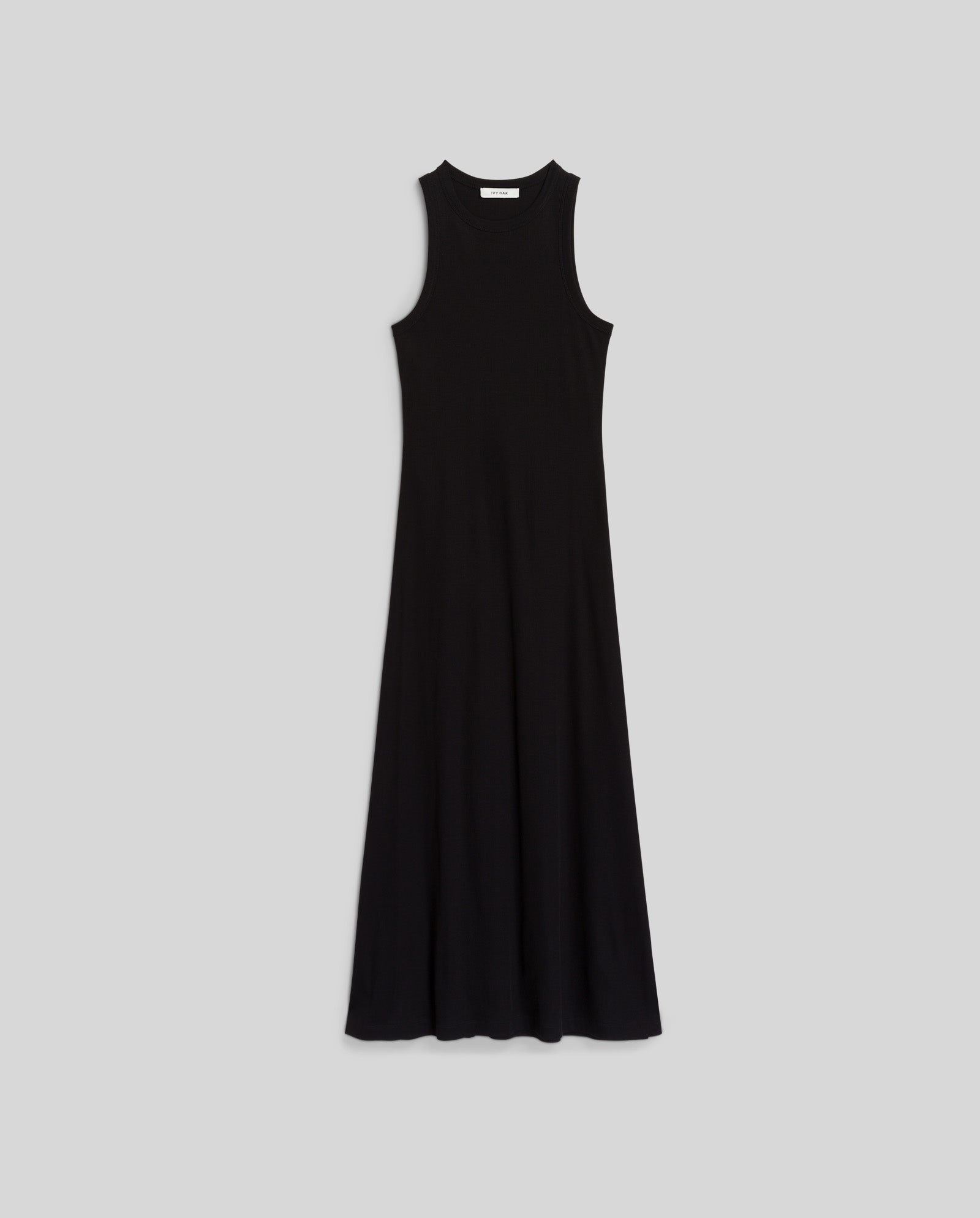 The IVY OAK KRISTYNA Dress is a sleeveless black ribbed knit midi with a round neckline and flared skirt, shown laid flat on a light gray background.