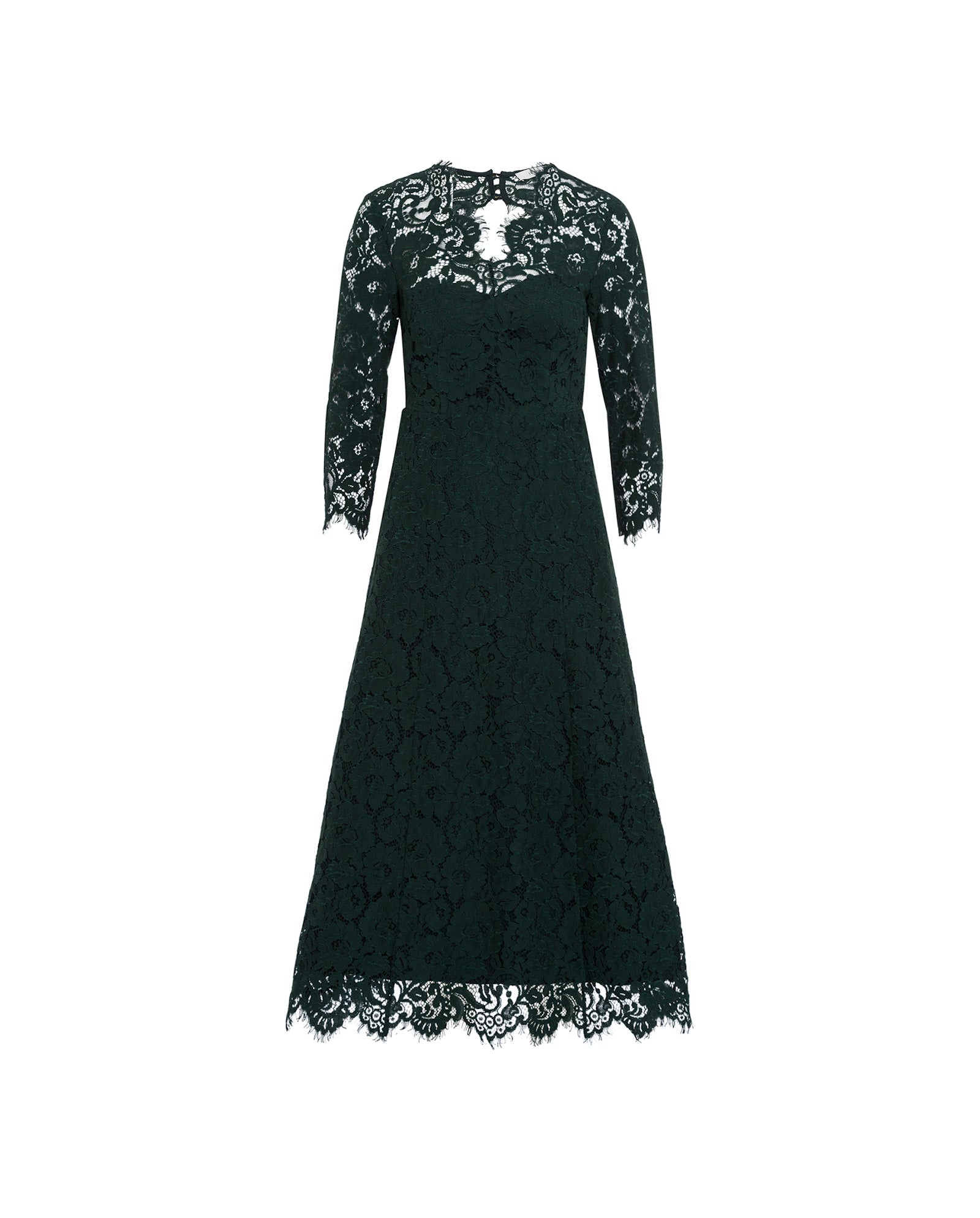 The IVY OAK MADELEINE Dress is a dark green midi lace dress with three-quarter sleeves, V-neckline, scalloped edges, and an elegant open back, shown against a white background.