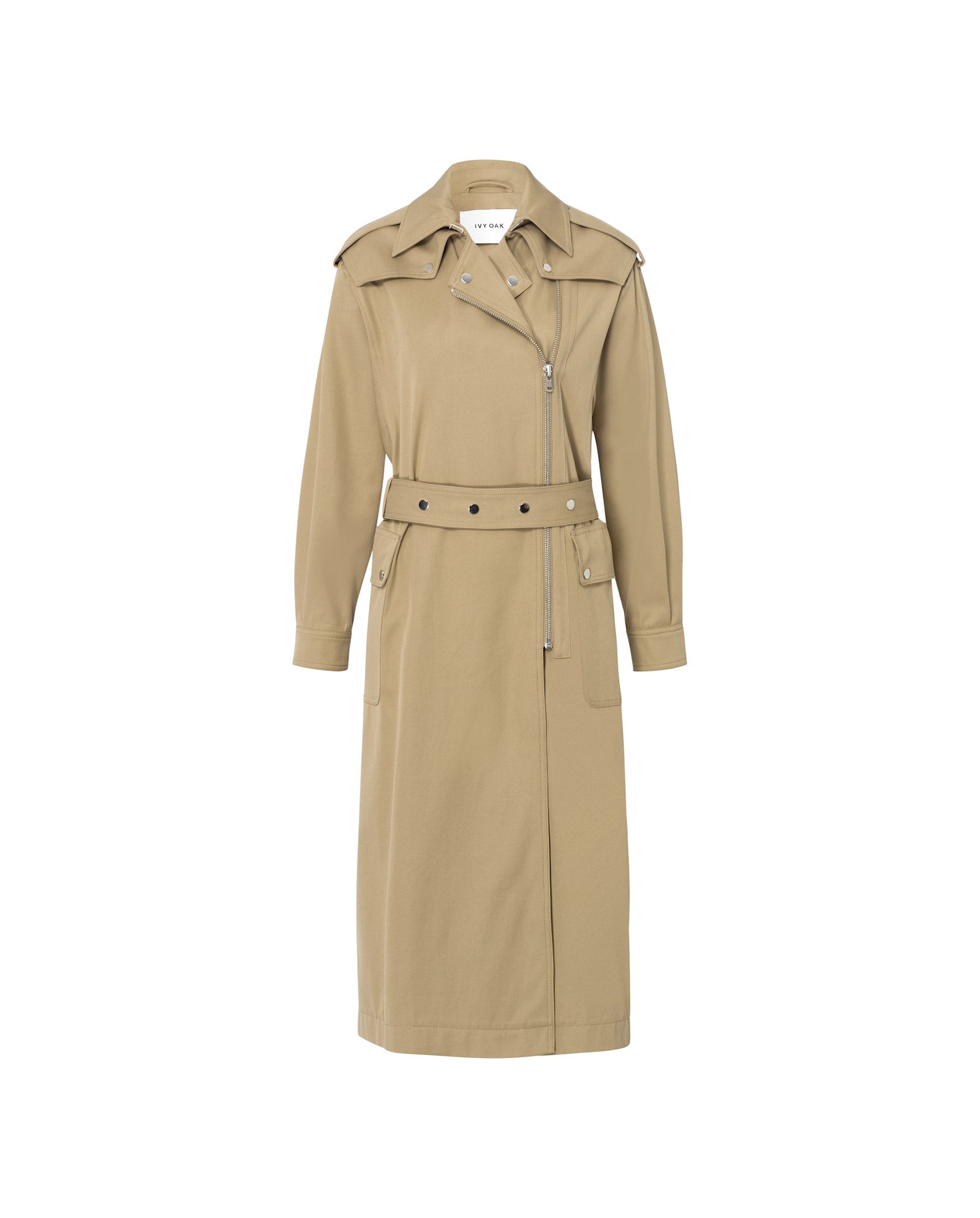 The CIARA Coat by IVY OAK is an oversized long beige trenchcoat featuring long sleeves, a notched collar, and an adjustable waist belt, shown on a white background.
