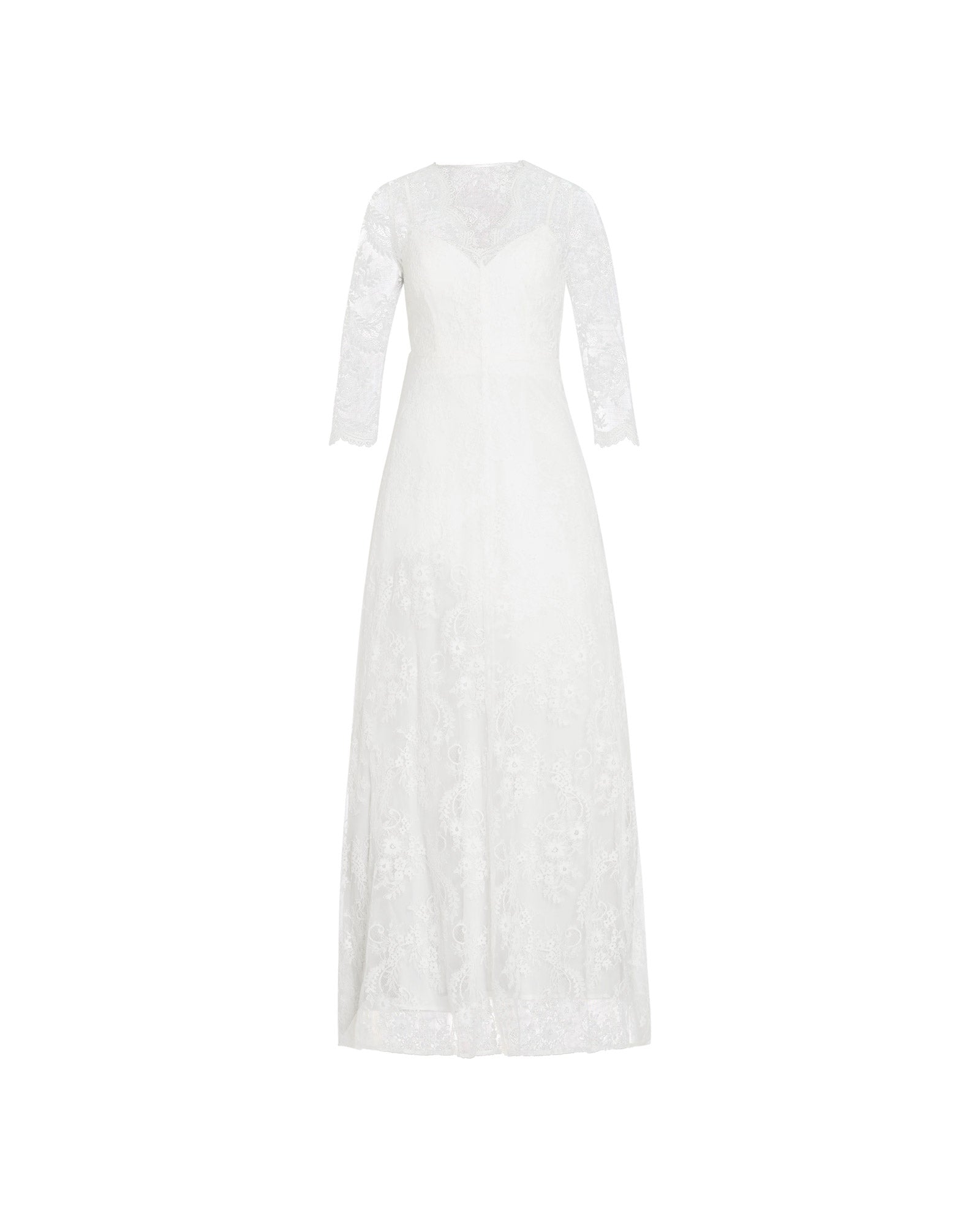 The IVY OAK DALIA Bridal Dress features long sleeves, white lace, a fitted bodice, V-neckline, flowing skirt, and elegant train, shown on a plain white background.