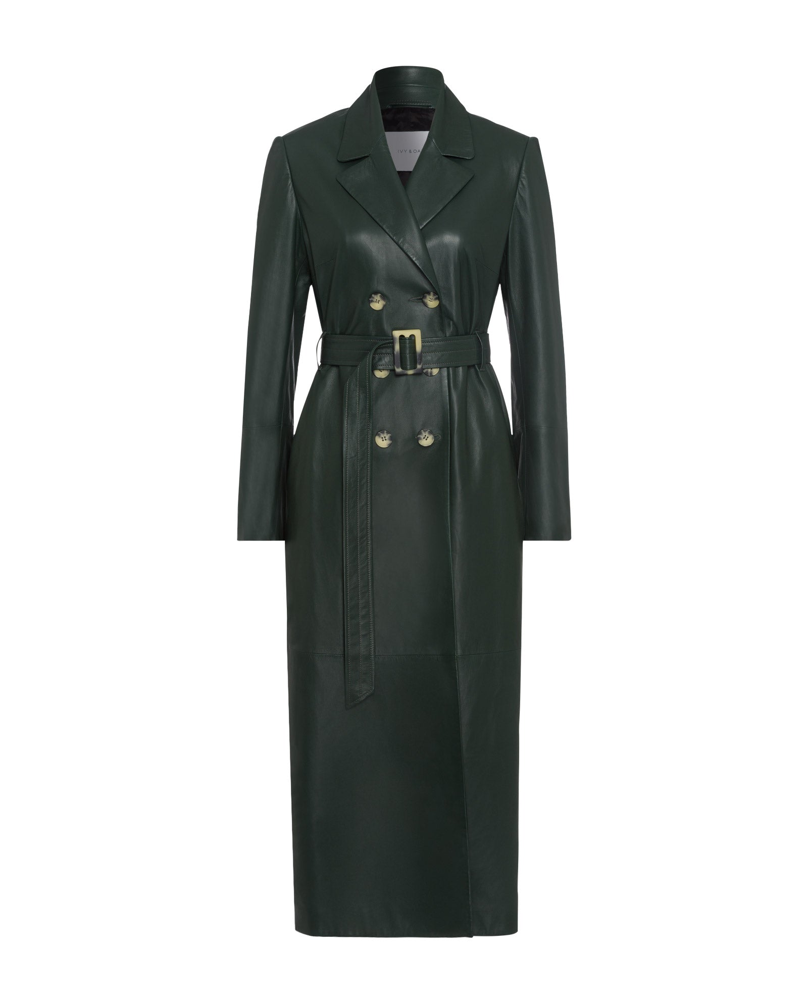 The IVY OAK LIONNE Coat is a dark green, midi-length Lamb Nappa leather trench with belt, double-breasted buttons, and notched lapels.