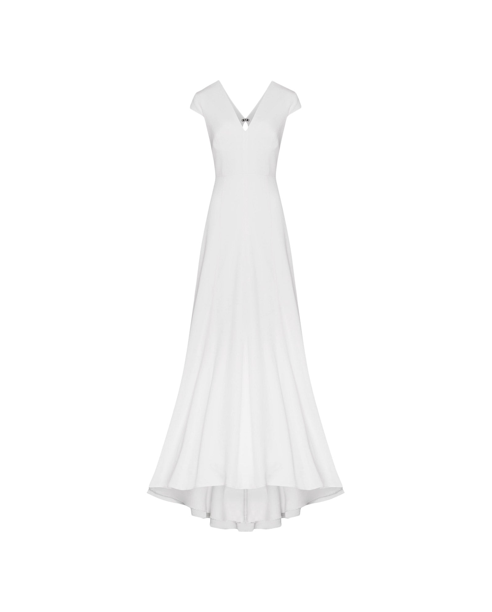 The IVY OAK DARIA Bridal Dress is a white maxi wedding gown with cap sleeves, customizable lengths, a V-neckline, and a flowing flared skirt, shown on a plain background.