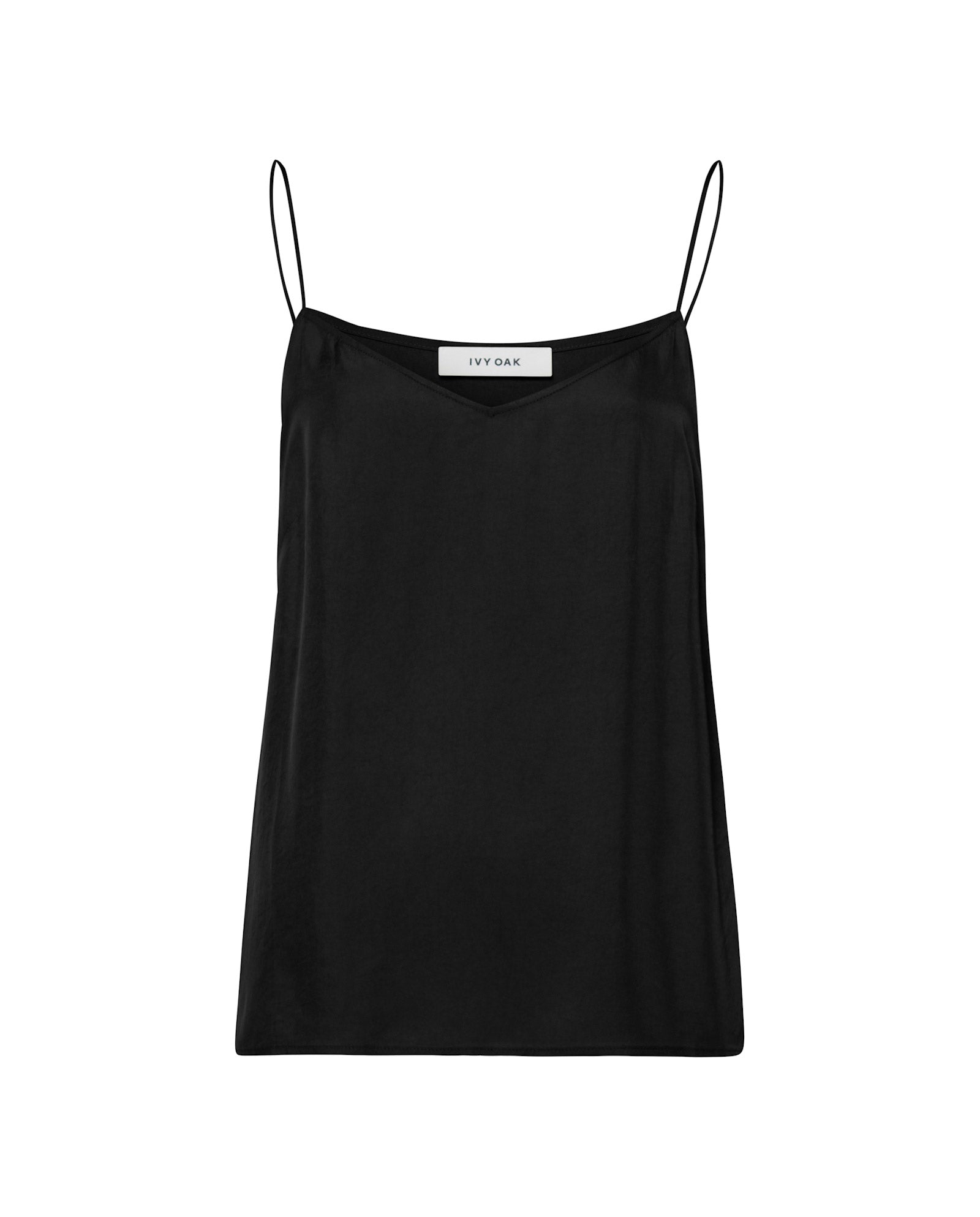 The IVY OAK TILDA ANN Top in black satin features a V-neckline and thin spaghetti straps, shown against a white background.