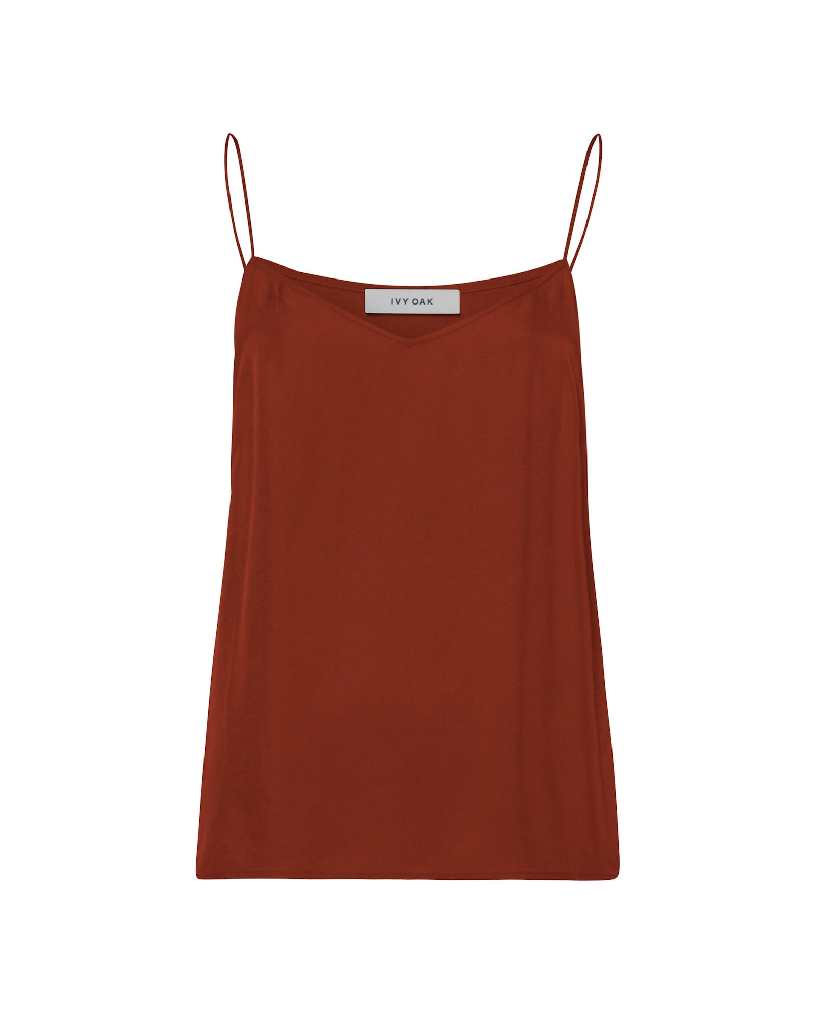 Rust-colored IVY OAK TILDA ANN Top with a V-neckline and spaghetti straps, made from soft Naia acetate, shown on a white background.