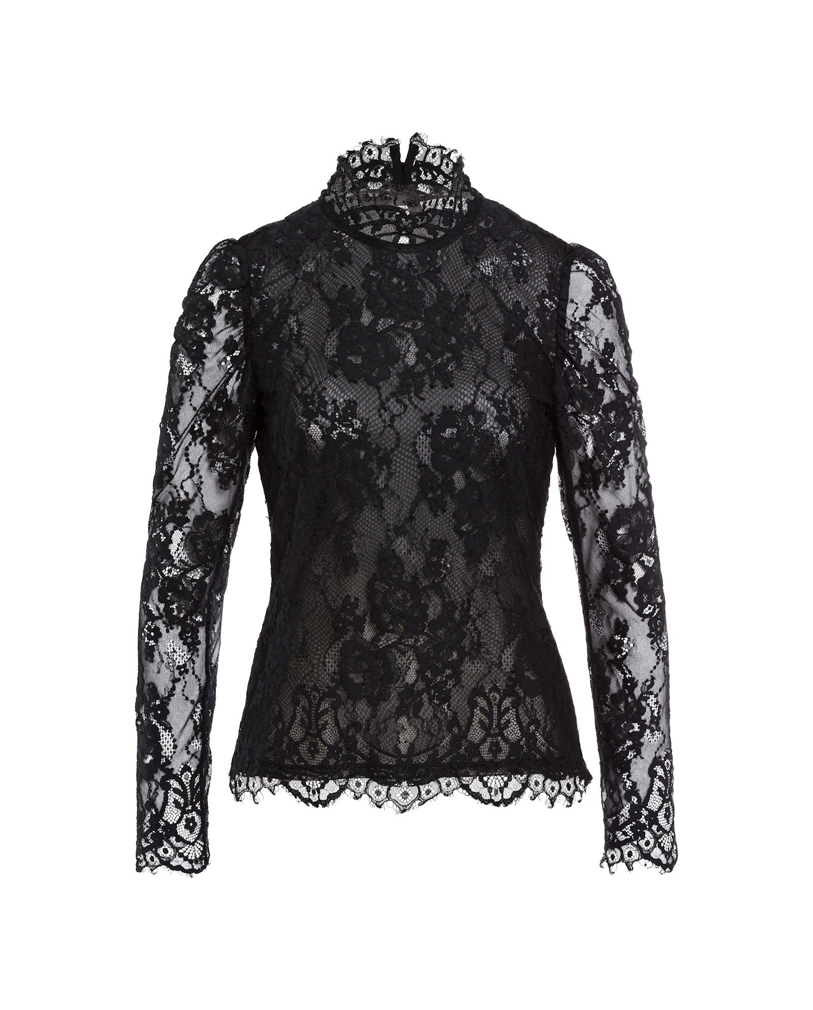 The IVY OAK BRIHANNA Top is a sheer black long-sleeve blouse with a high neck and floral pattern, crafted from sustainable lace for an elegant look.