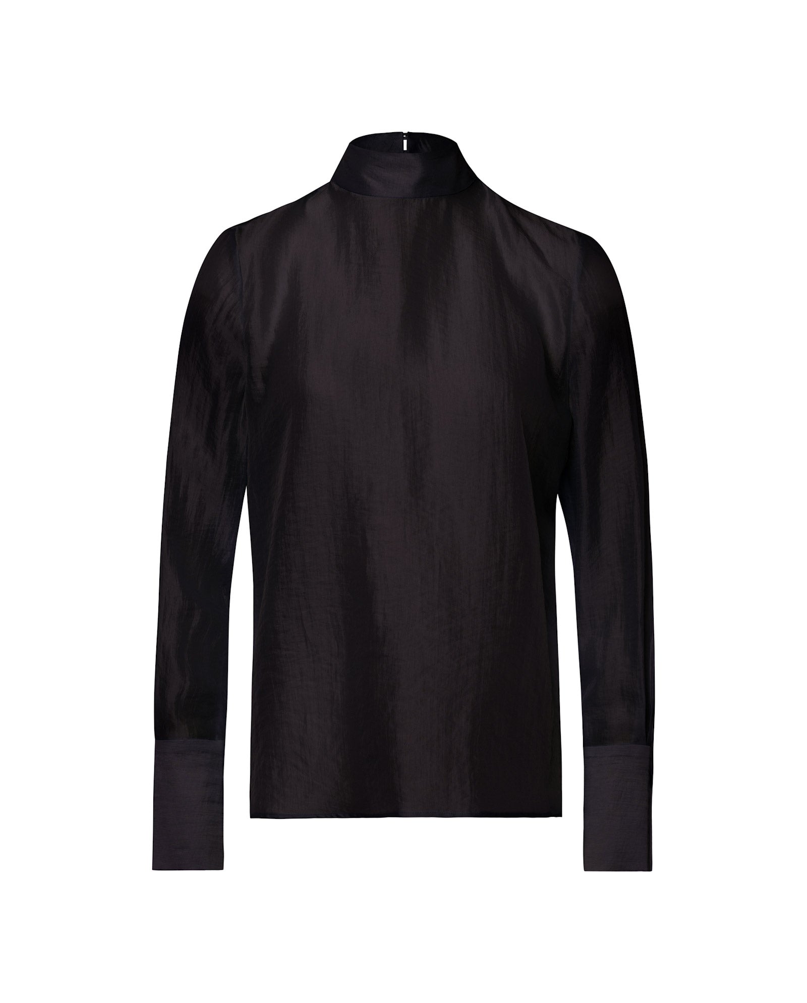 The IVY OAK EBONEY Blouse is a black, long-sleeve organza top with a high neckline and wide cuffs, shown on a white background.