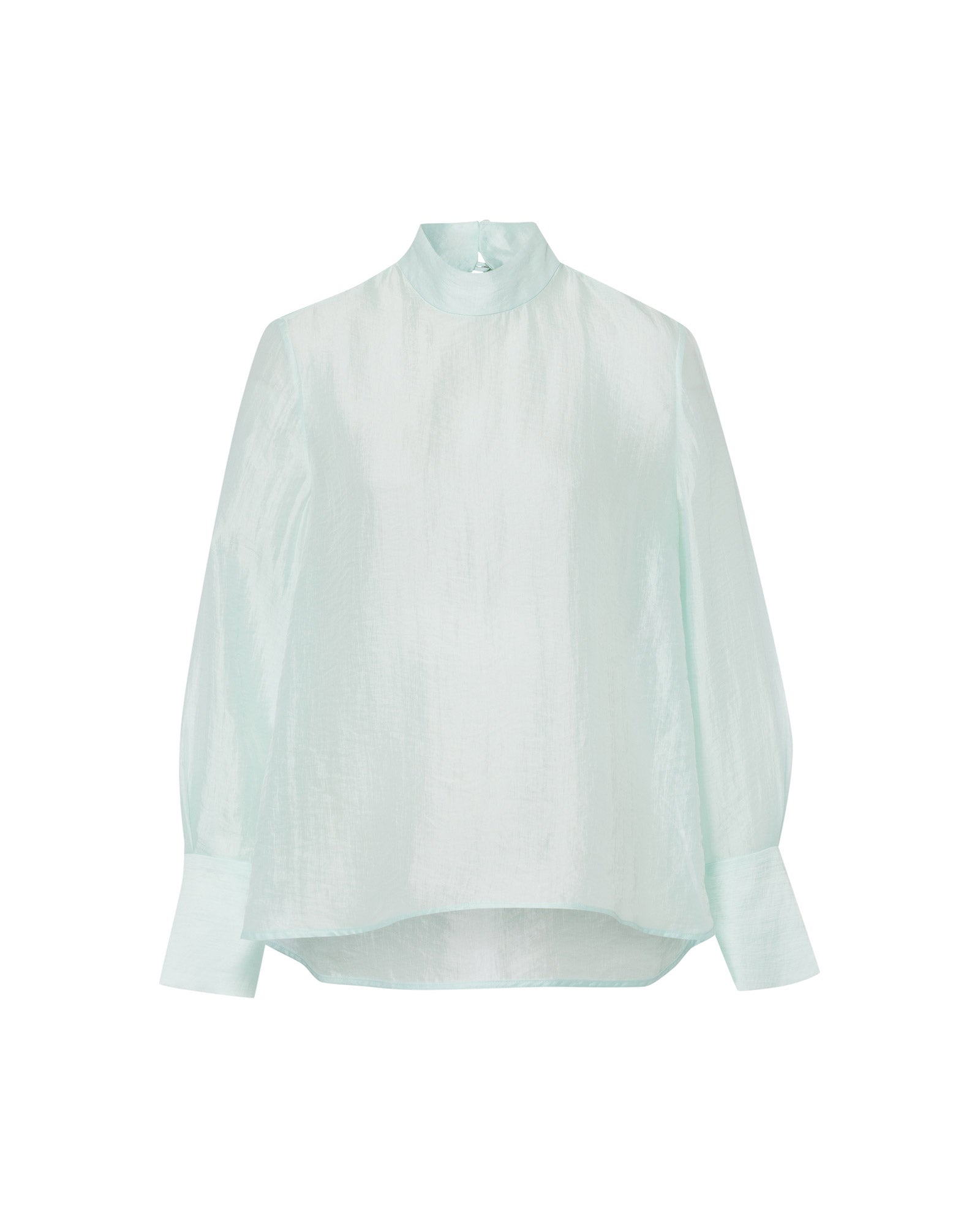 The EBONEY Blouse by IVY OAK is a light blue, long-sleeved organza blouse featuring a stand-up collar and wide cuffs, shown on a white background.