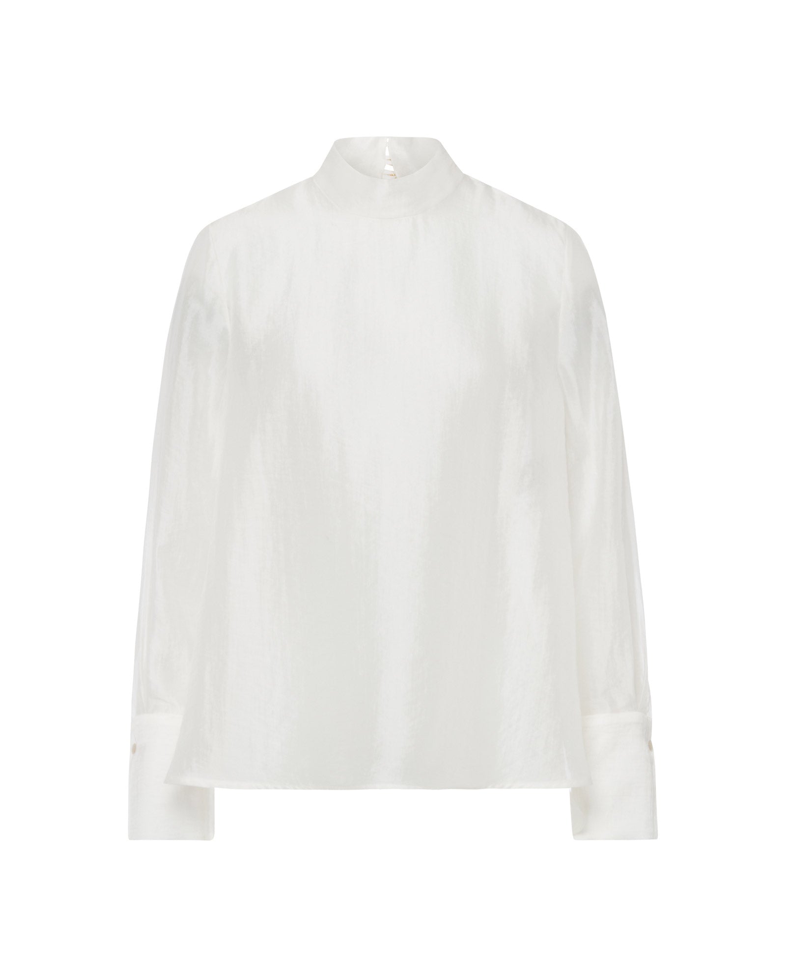 The IVY OAK EBONEY Blouse is a white long-sleeve organza top with a stand-up collar and buttoned cuffs, shown against a plain white background.