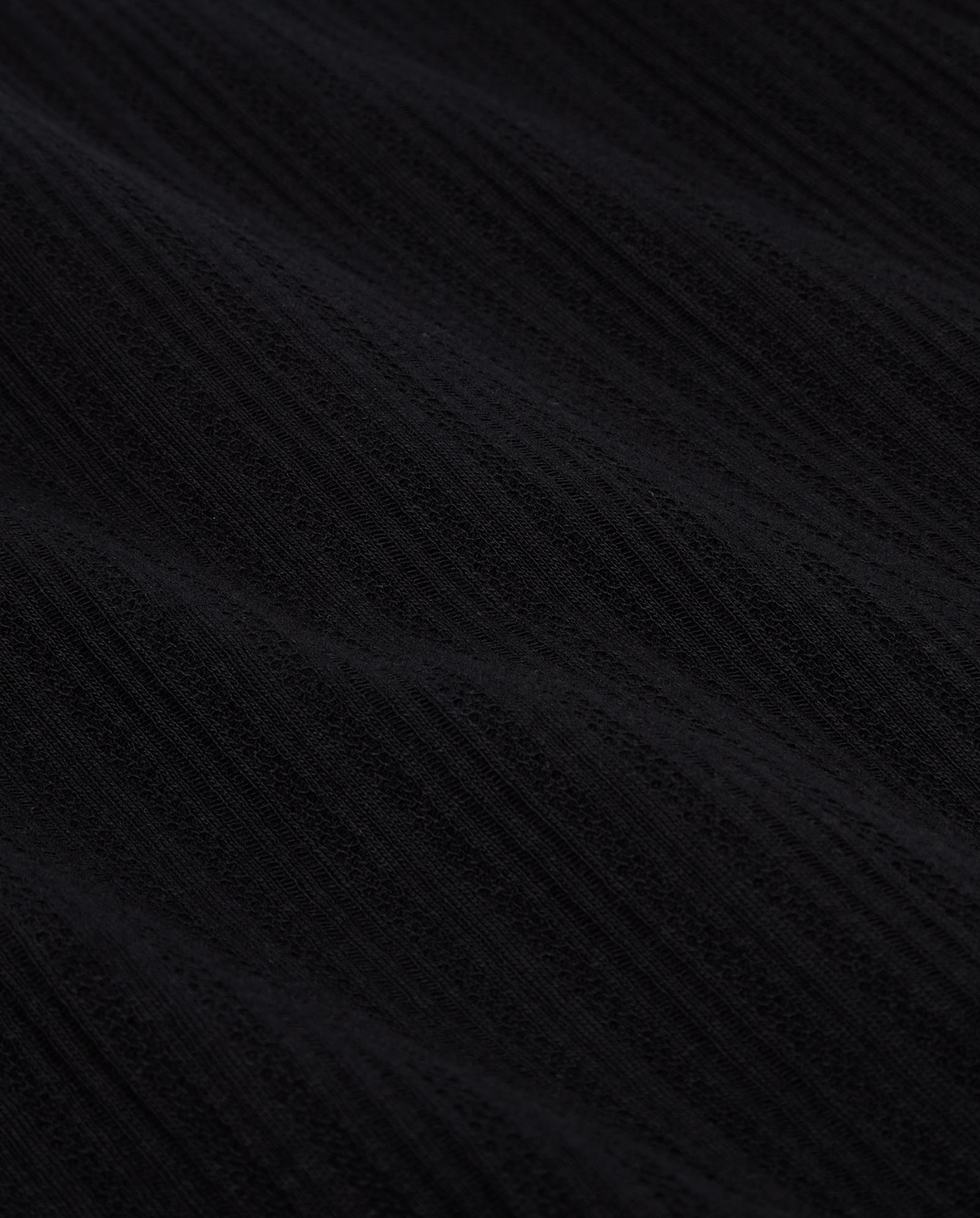 Close-up of the KAMILLE Cardigan by IVY OAK, featuring black ribbed cotton fabric with subtle wavy lines, long sleeves, and a textured surface for a classic fit.