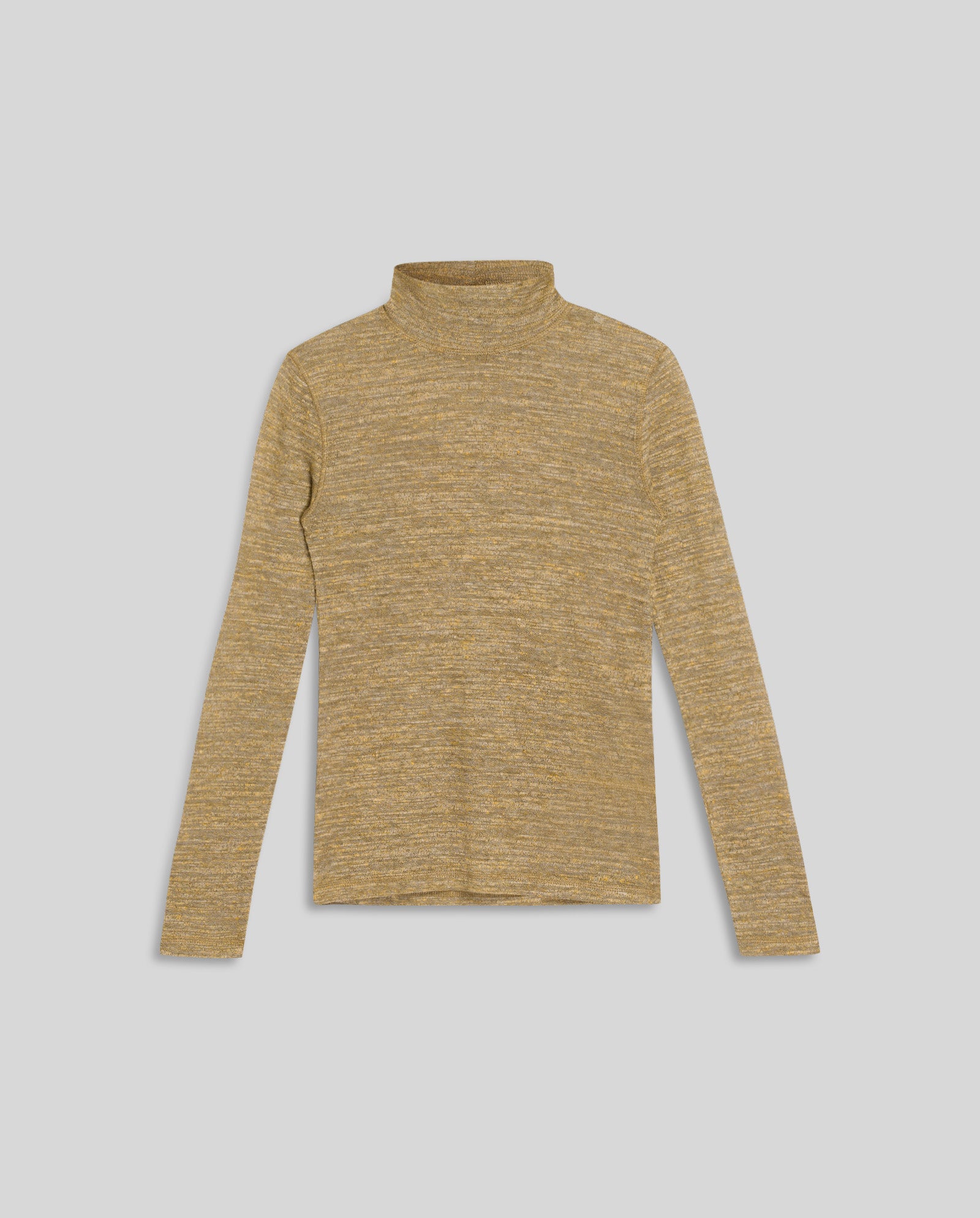 The FELINE Top by IVY OAK, a mustard yellow linen blend jersey long-sleeve rollneck jumper, is shown laid flat on a light gray background.