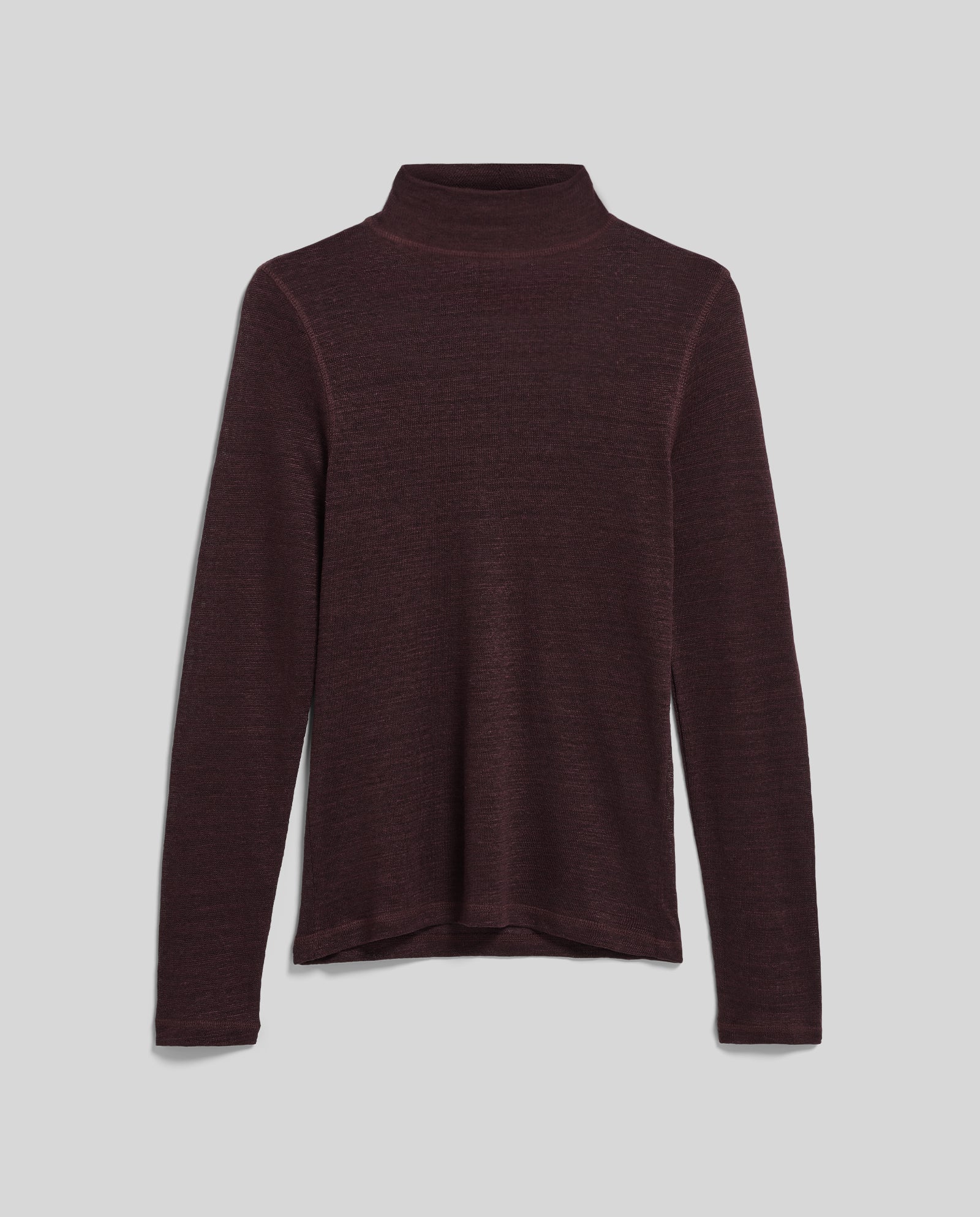 The IVY OAK FELINE Top, a long-sleeve dark maroon rollneck jumper, is laid flat on a light gray background.