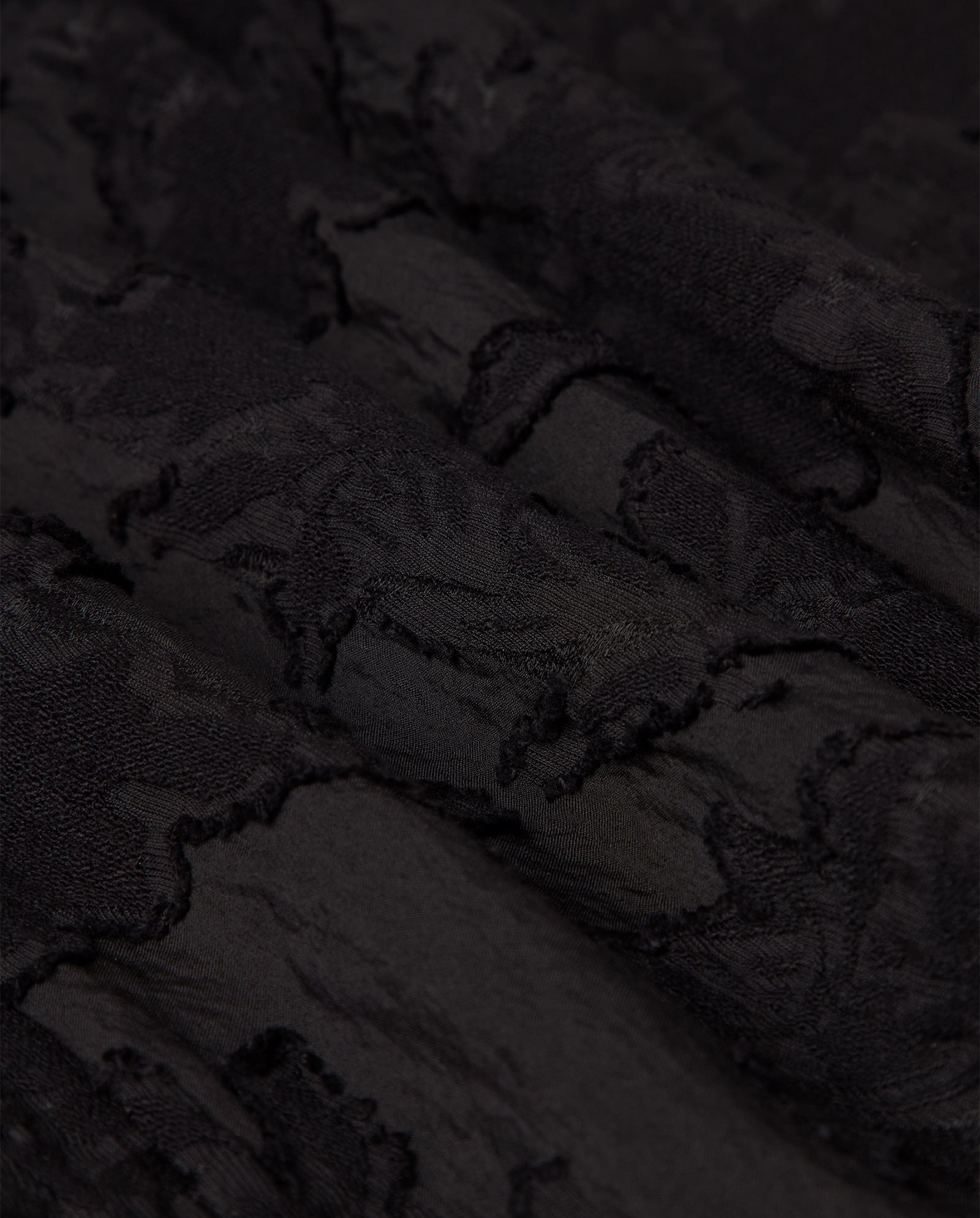 Close-up of black textured fabric with a subtle floral pattern, perfect for creating the modern romantic silhouette of the ELODIE Blouse by IVY OAK.