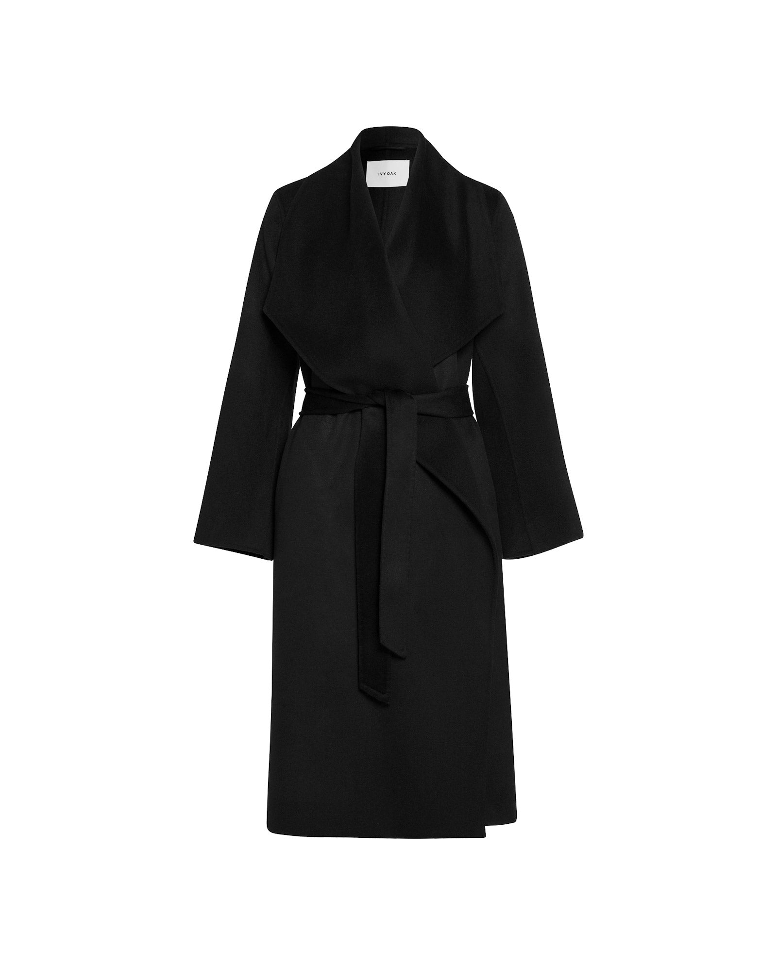 The CARRIE ROSE Wool Coat by IVY OAK is a minimalistic black long-sleeve coat with a belt, crafted to Responsible Wool Standard. Shown on a white background.