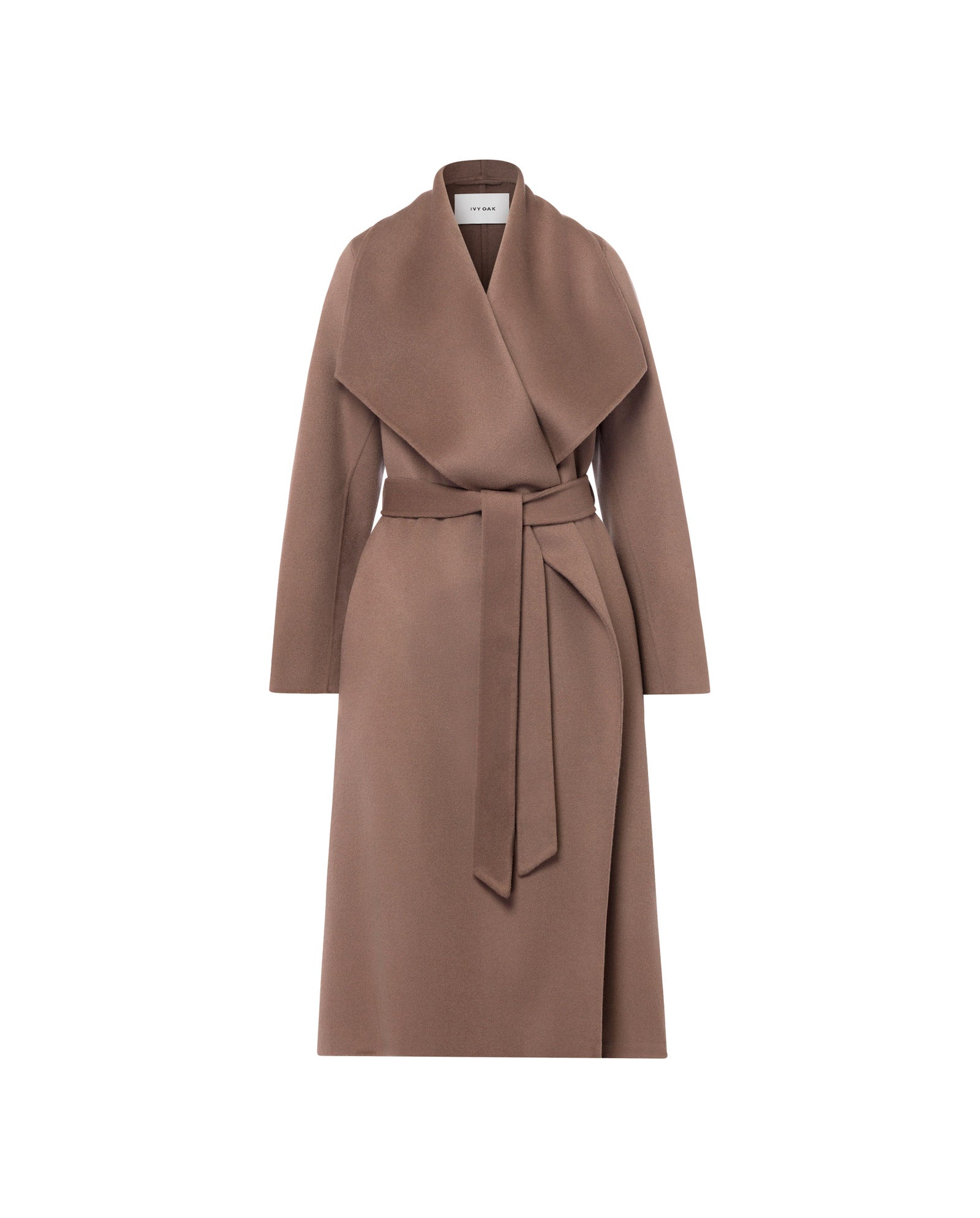 The IVY OAK CARRIE ROSE Wool Coat is a long brown minimalist coat with wide lapels, crafted to the Responsible Wool Standard and shown on a white background.