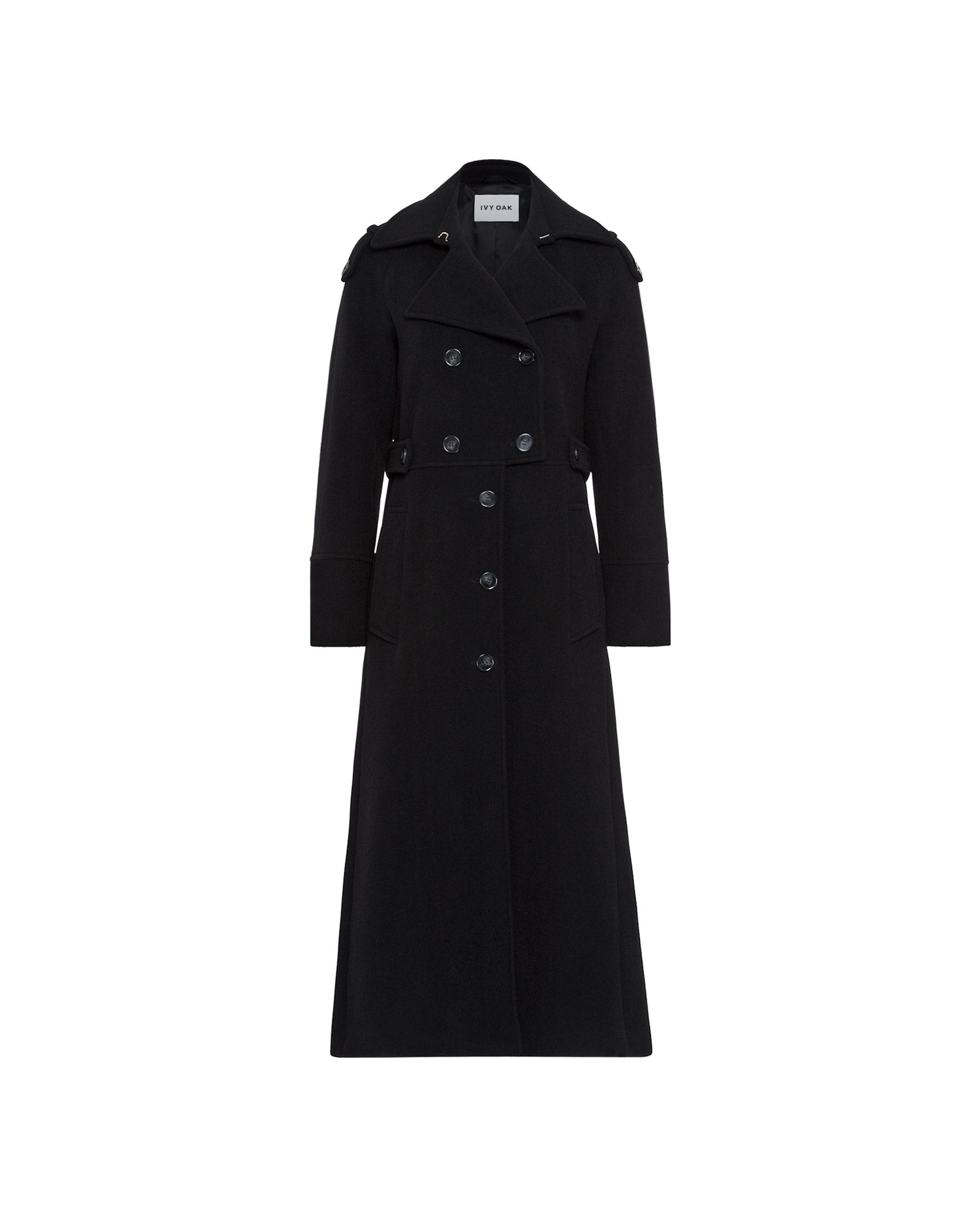The IVY OAK CANDELA Coat is a long black double-breasted trench coat with shoulder pads, a wide collar, button accents, and detailed cuffs, shown on a white background.