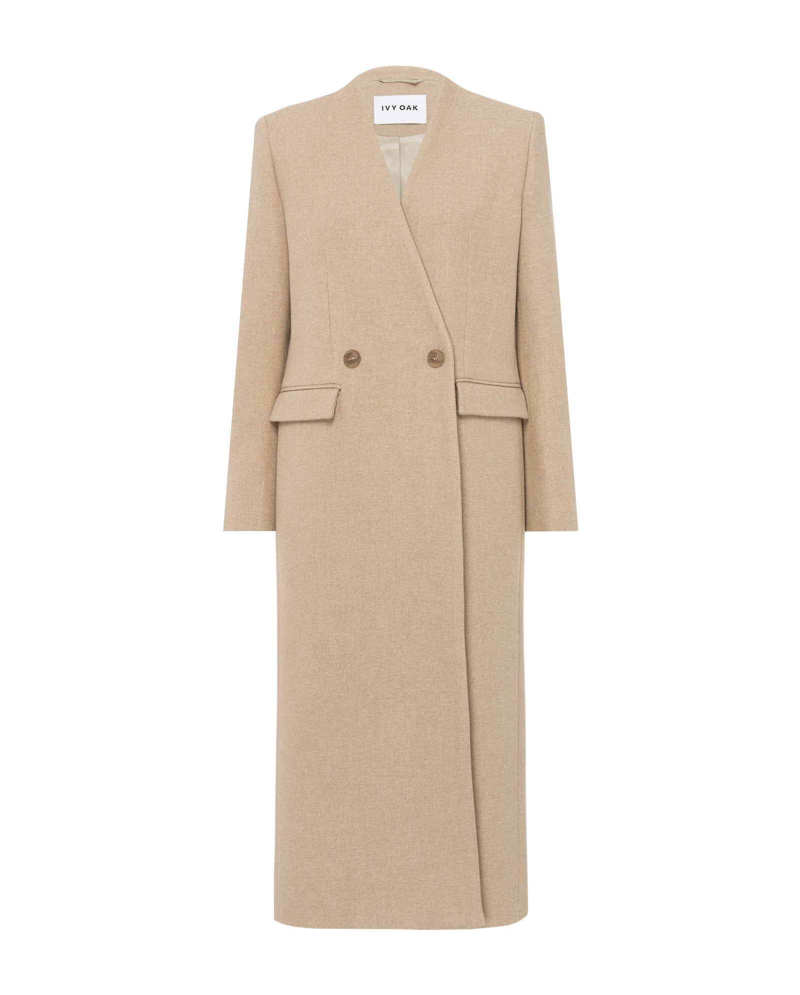 The IVY OAK CAPRI Coat is a beige maxi-length wool coat featuring a double-breasted front with two buttons, flap pockets, and a V-neck stand up collar.