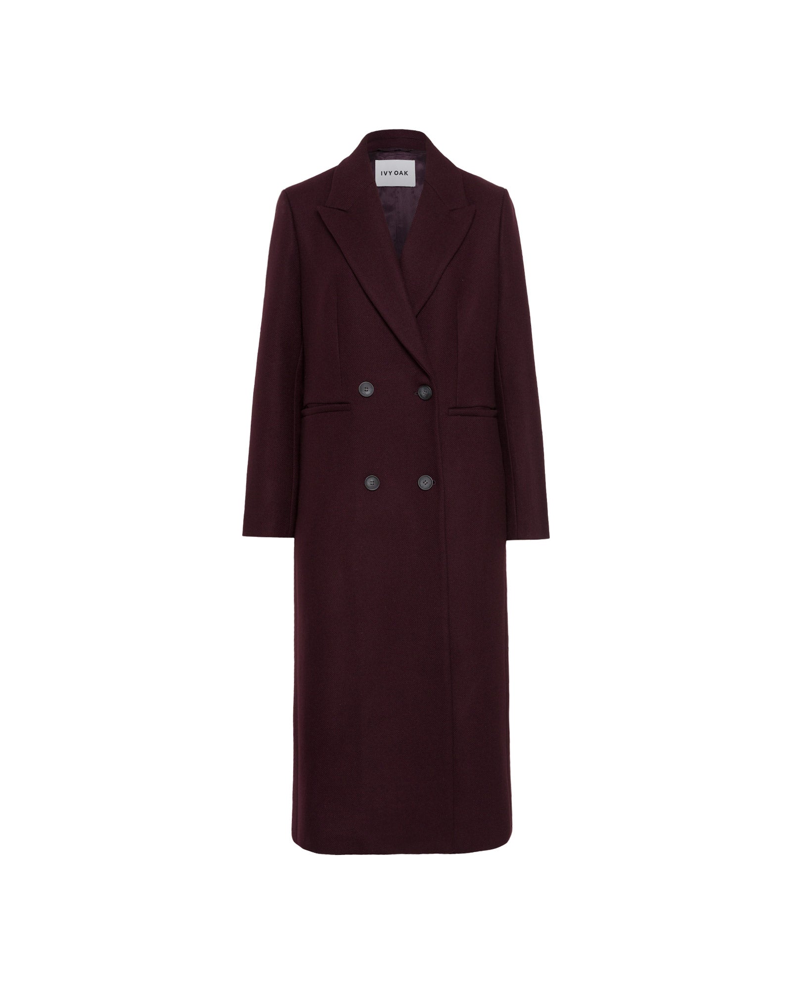 The IVY OAK CAYENNE Coat is a long, burgundy, double-breasted knee-length wool coat with notched lapels and two front pockets, shown on a white background.