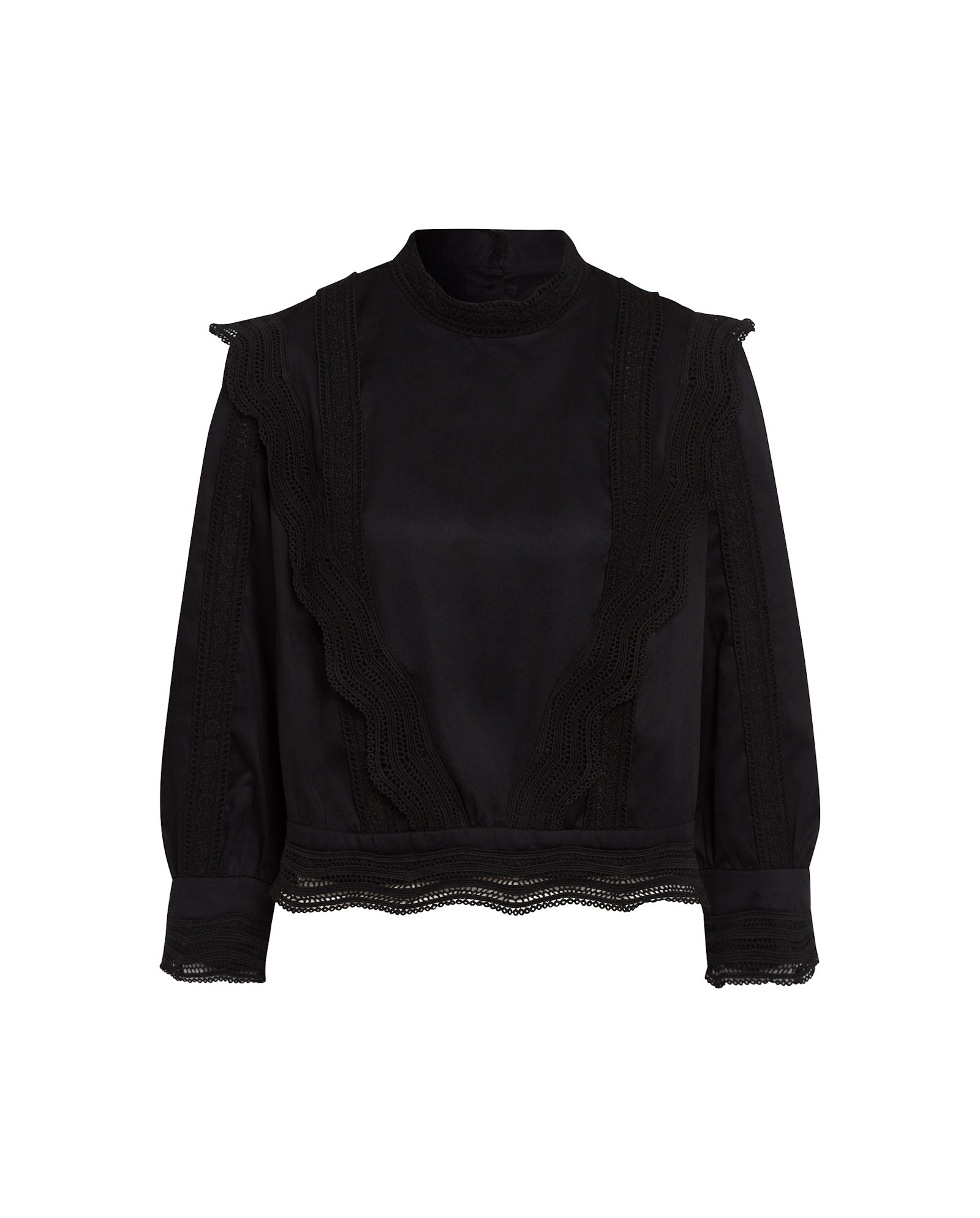 The ELINOR Blouse by IVY OAK is a black cotton long-sleeve top featuring lace tapes trim, a high neck, and ruffle detailing on the front and cuffs.