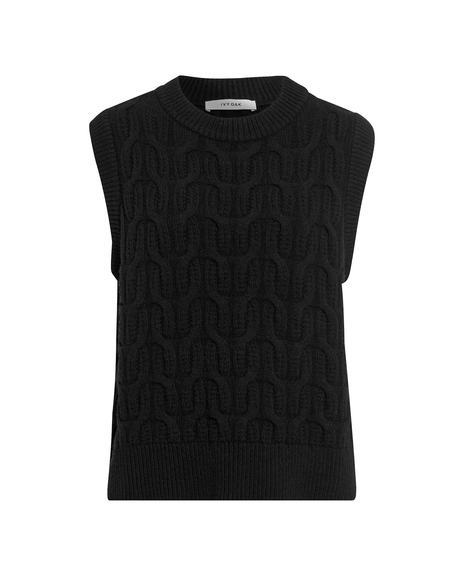 The KLARISSA Pullunder by IVY OAK is a black sleeveless knit vest with a boxy fit, showcasing a textured wavy pattern and ribbed edges, shown on a white background.