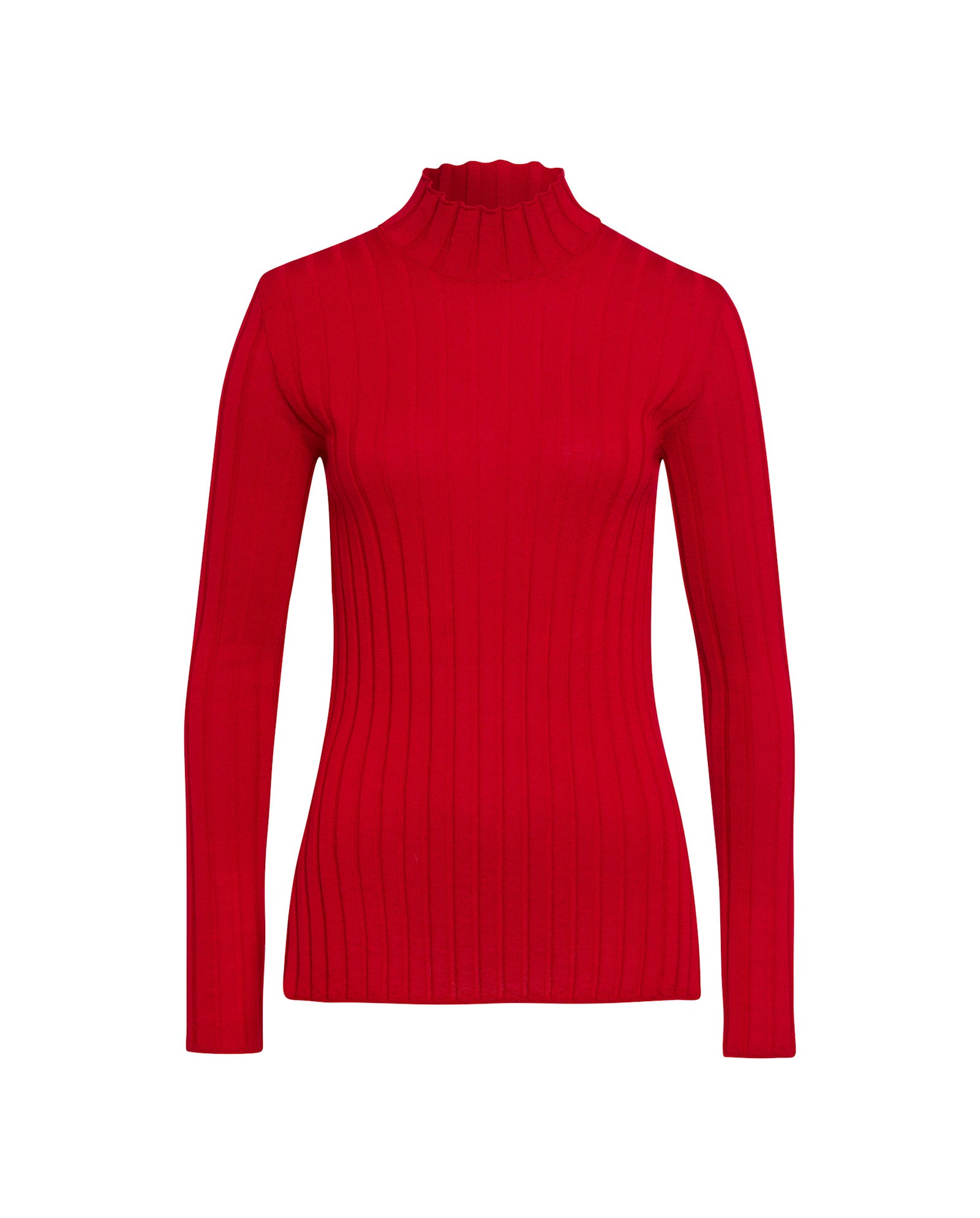 The KACY Jumper by IVY OAK is a red ribbed long-sleeve turtleneck crafted from soft Merino wool with classic ribbed texture, shown on a plain white background.