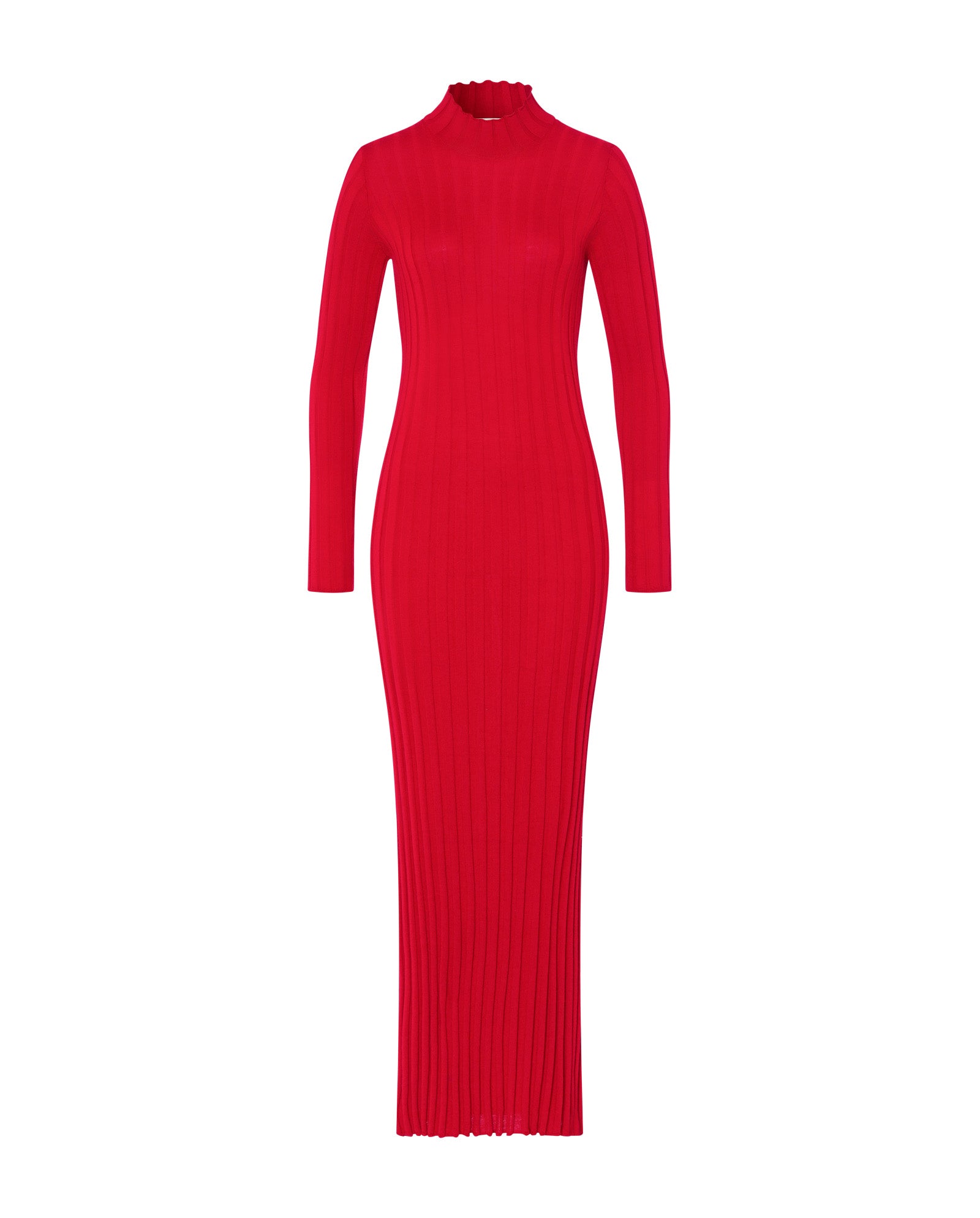 The KAMELIA Dress by IVY OAK is a long-sleeved, fitted red maxi dress with a high neckline, crafted from extra-fine merino wool, shown on a white background.