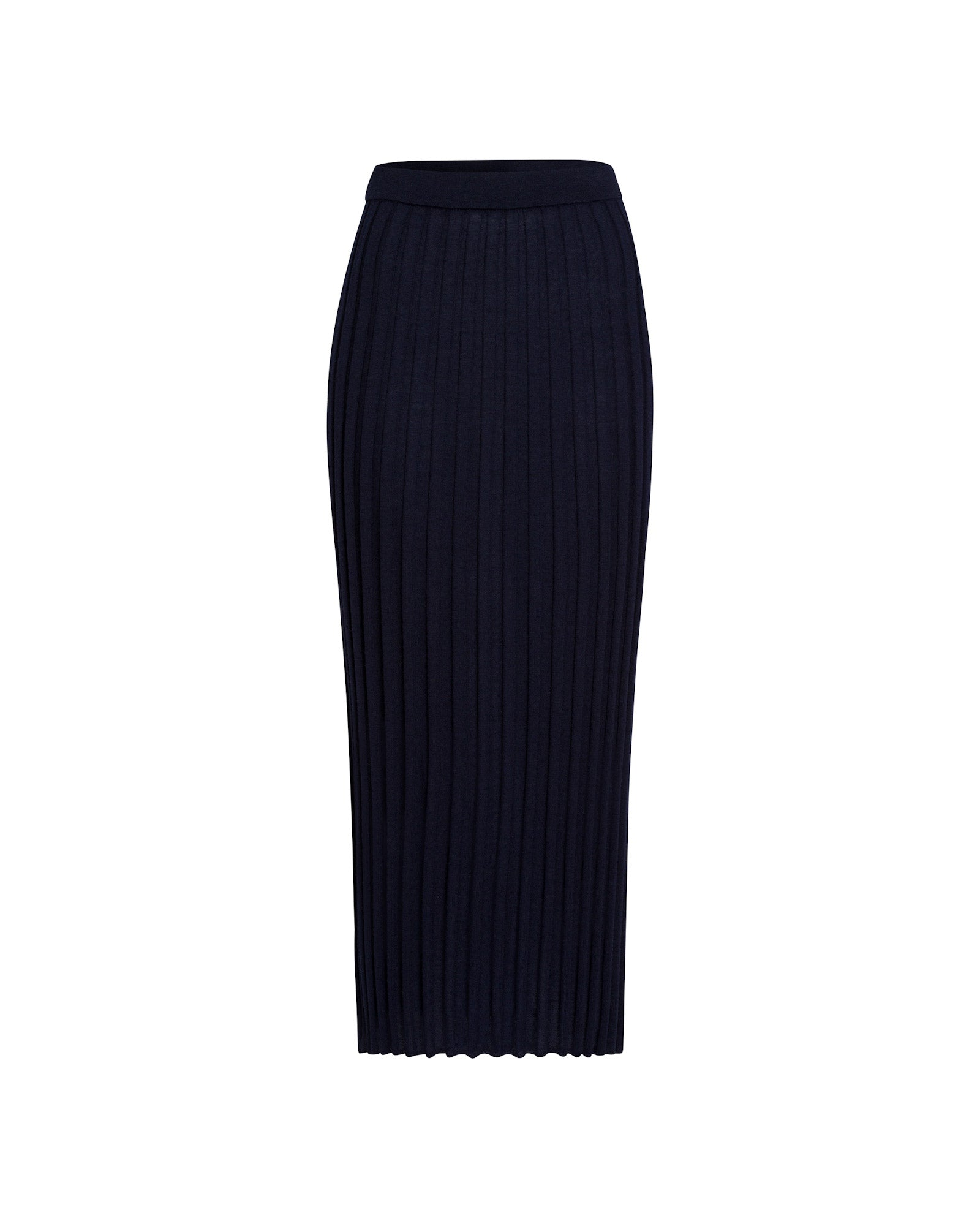 The IVY OAK KALI Skirt is a black, ribbed merino wool midi with a high waist and straight silhouette, shown on a white background.