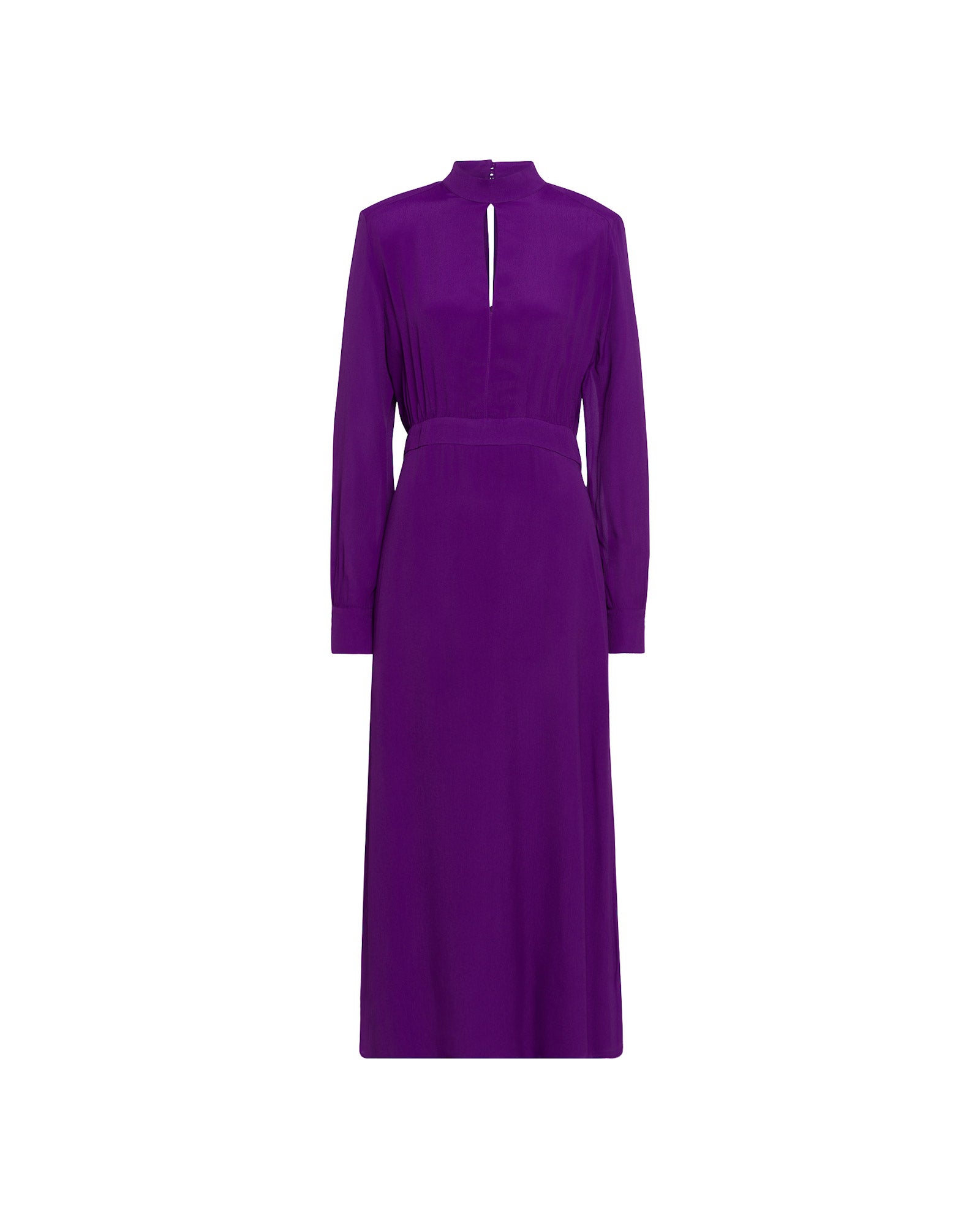 The IVY OAK NEVE Dress is a long-sleeved purple chiffon dress with a high neckline, front keyhole detail, and subtle shoulder pads, shown on a white background.