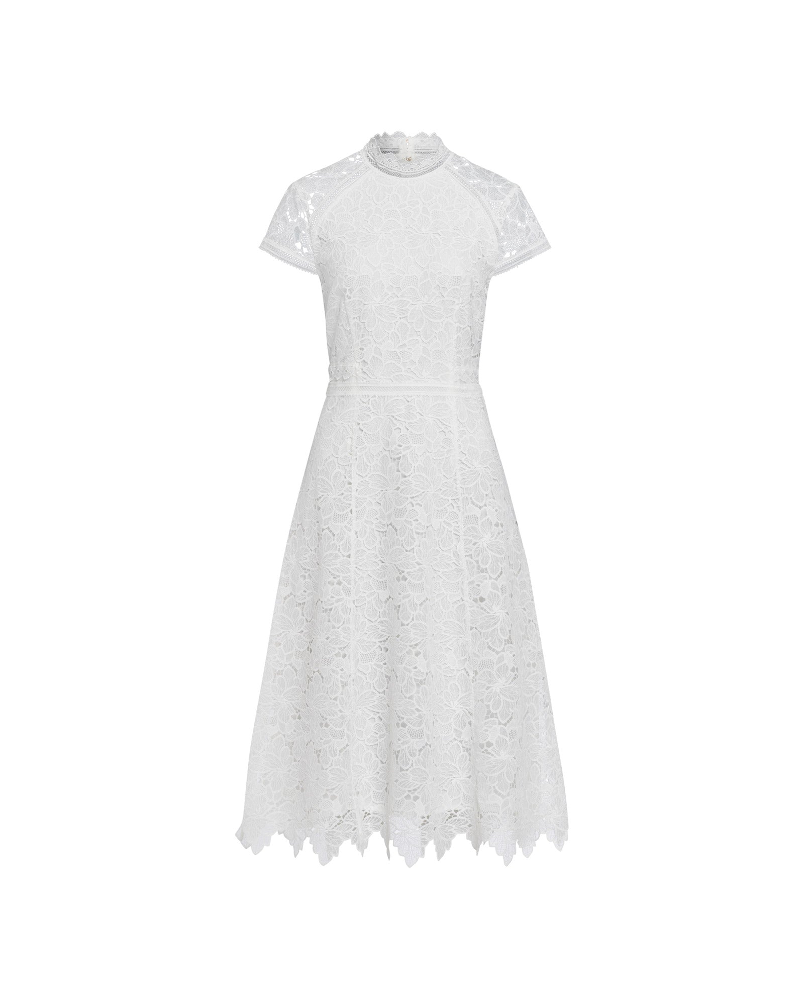 The NESSY Dress by IVY OAK is a white, short-sleeve, knee-length bridal dress featuring floral lace, a high collar, flared fit, and delicate button detailing.