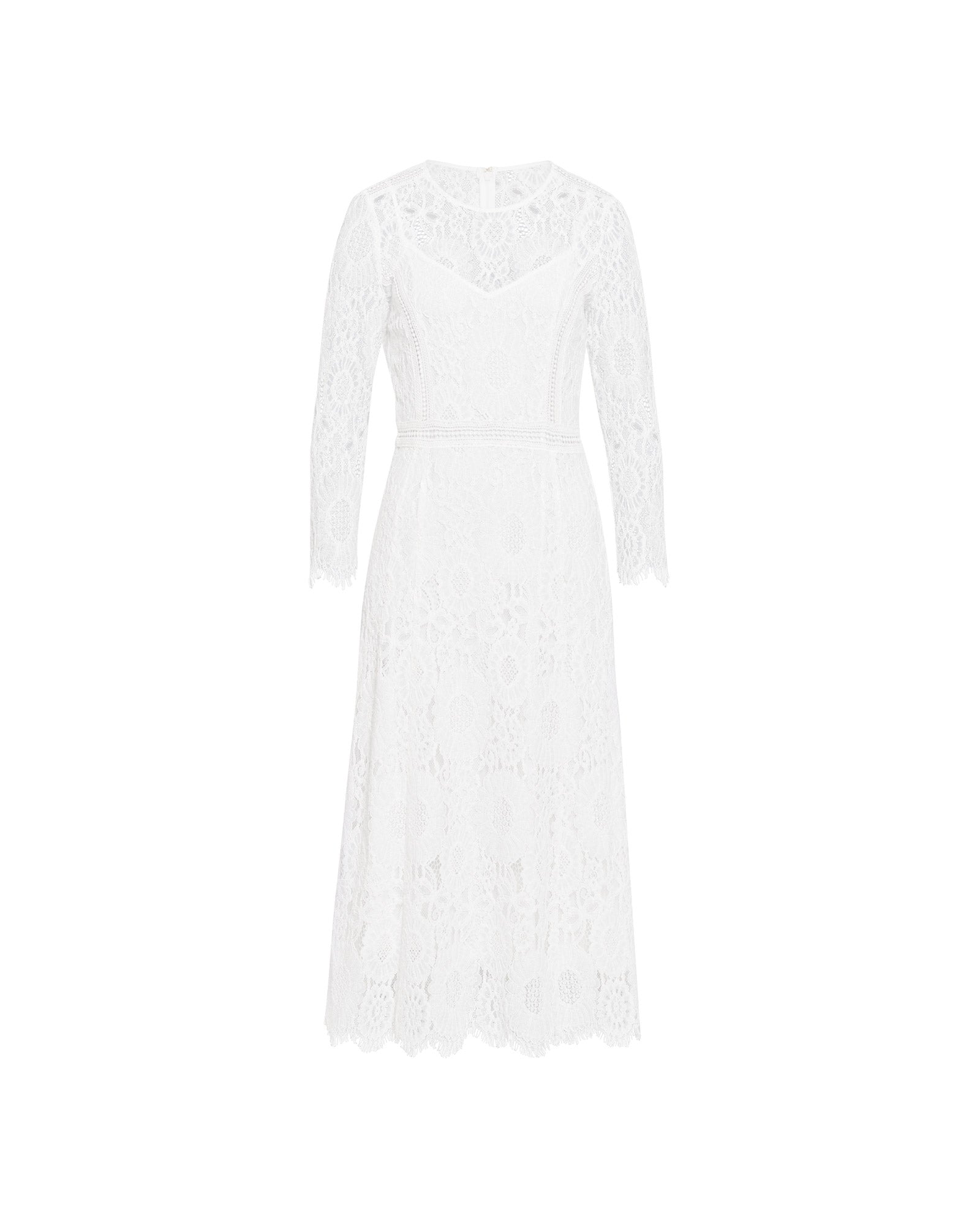 The MAGDA Dress by IVY OAK is a white midi floral lace dress with three-quarter sleeves, a fitted waist, elegant floral details, and a discreet zipper, shown against a plain background.