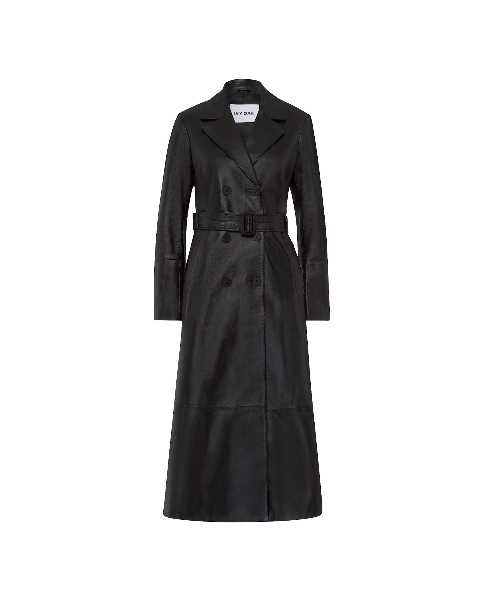 The LIONNE Coat by IVY OAK is a midi black leather trench in soft lamb nappa with a belted waist, double-breasted front, and notched lapels, shown on a white background.