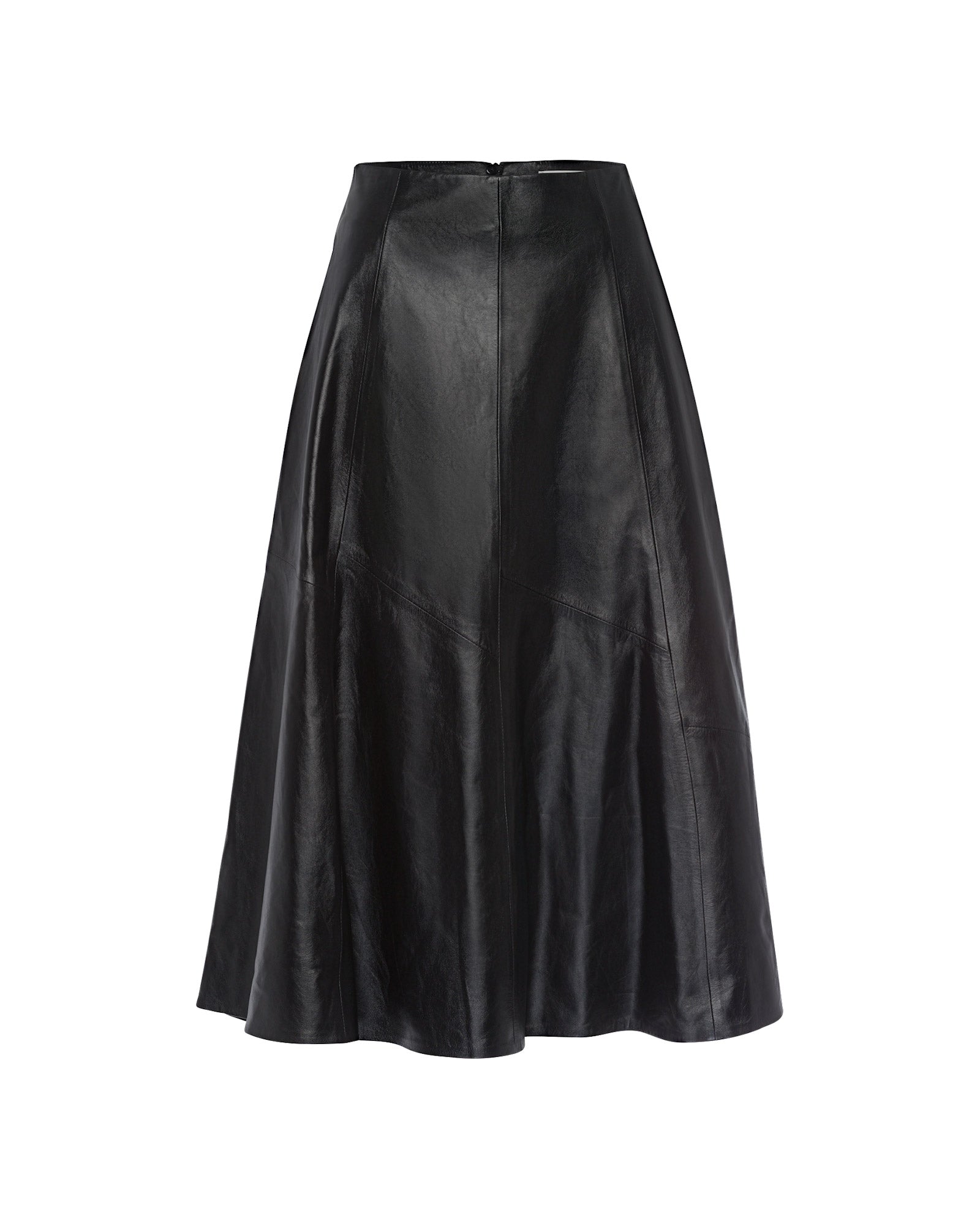 The IVY OAK LAUREEN Skirt is a black midi leather skirt with seam details, a flared fit, and a back zipper, shown on a white background.