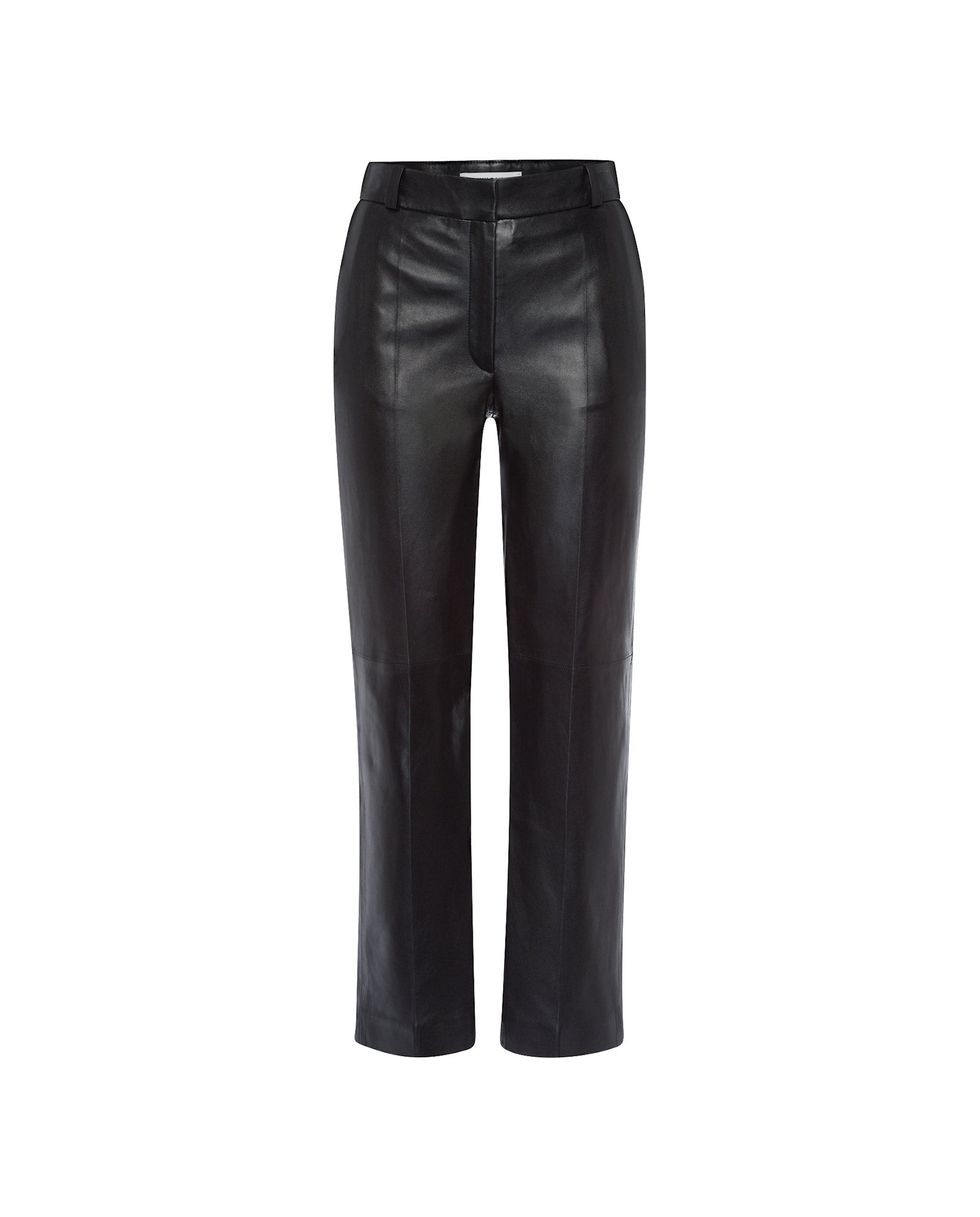 The IVY OAK LAURA Pants are high-waist, slim-fit black leather trousers with front pockets and a straight-leg design, shown on a white background.